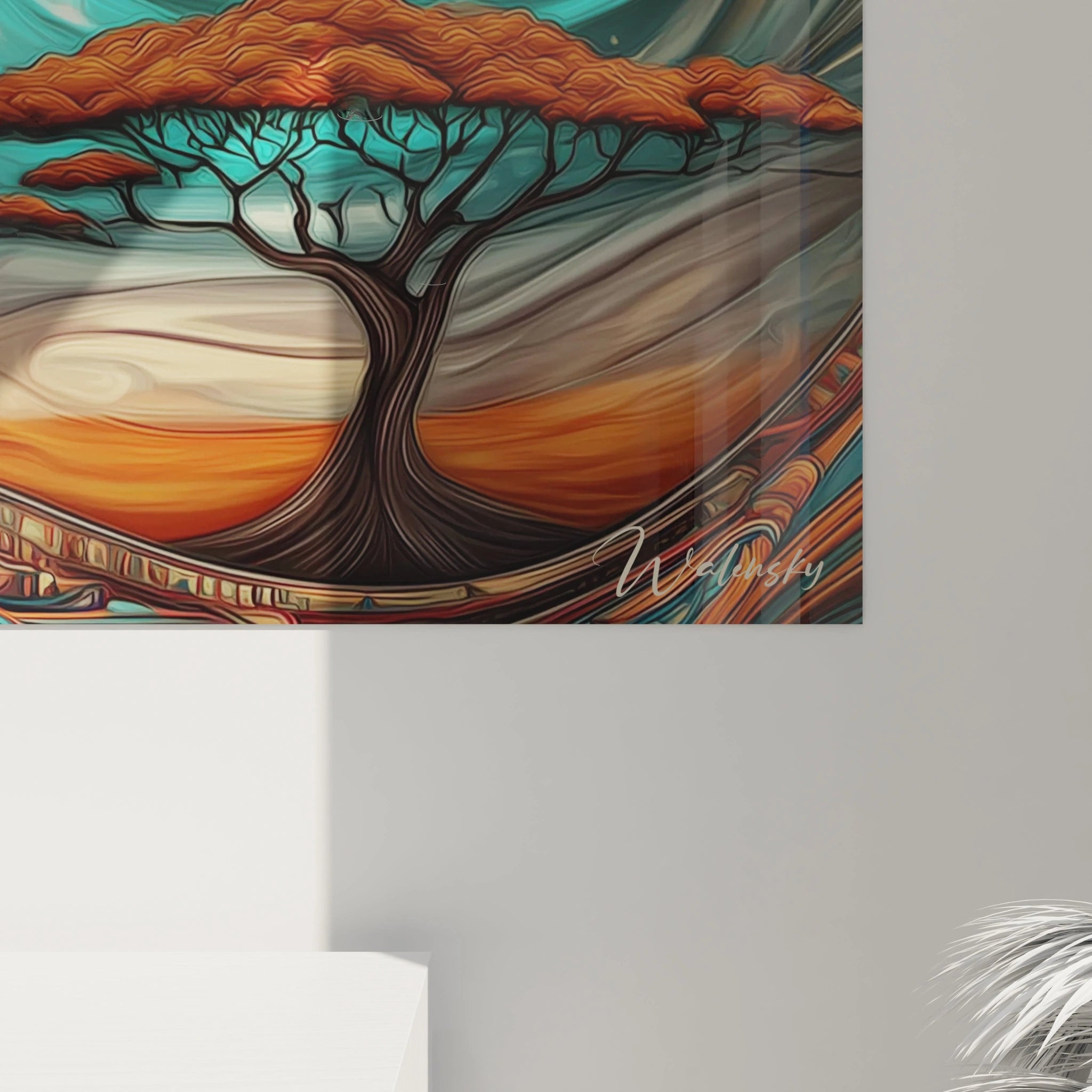 Tableau mural éléphant savane africaine avec un arbre stylisé et des couleurs vibrantes