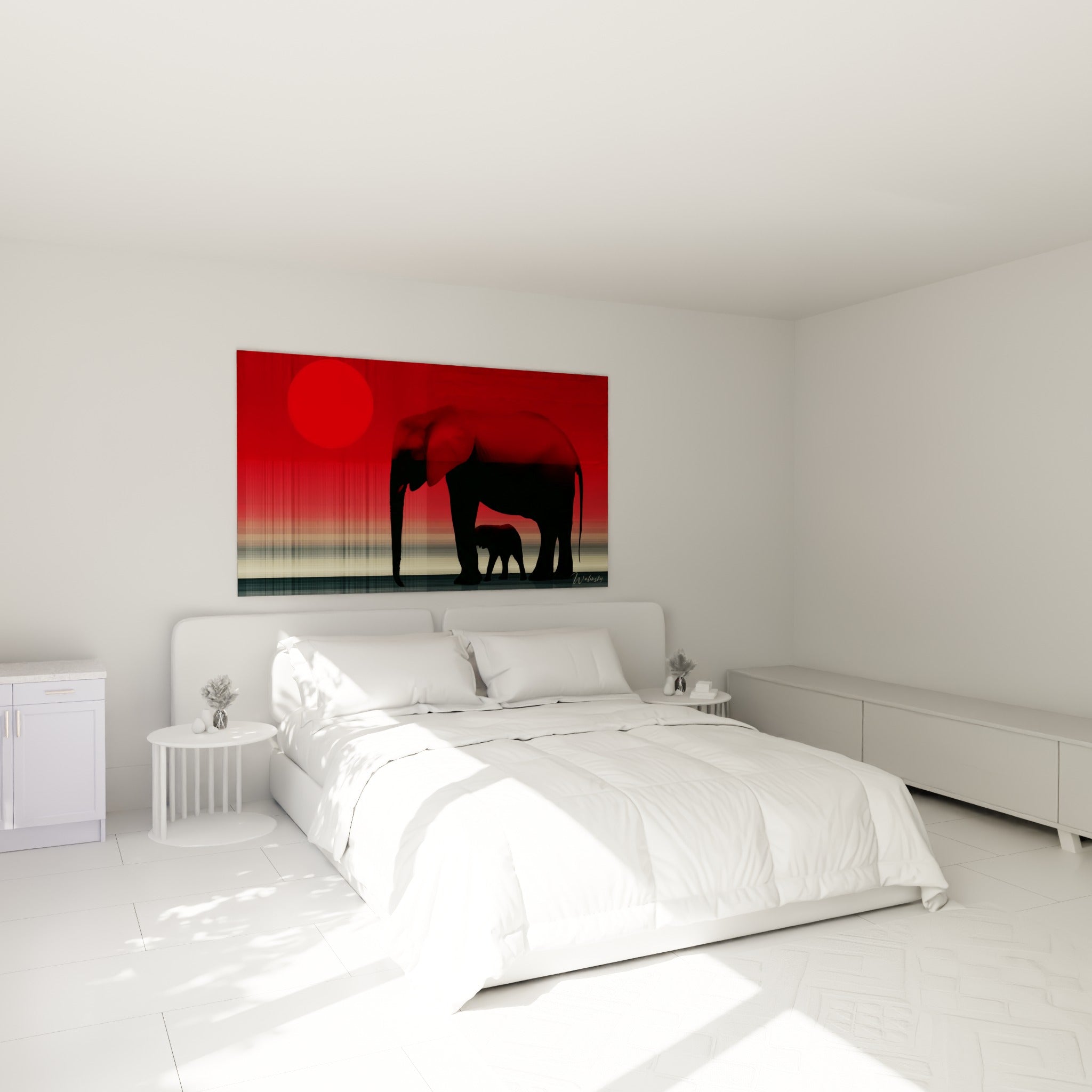 Mère éléphant et petit en silhouette noire sur fond rouge, au-dessus d'un lit dans une chambre claire