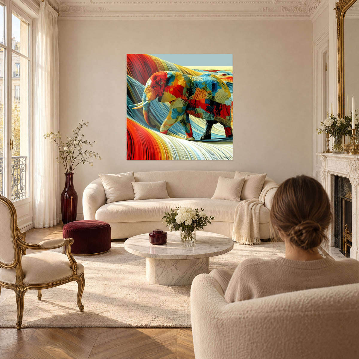 Πίνακας ελέφαντα σε κόκκινο και μπλε patchwork, ελεφαντόδοντο defenses, χρυσά κύματα ριγών, πάνω από καναπέ σε φωτεινό σαλόνι