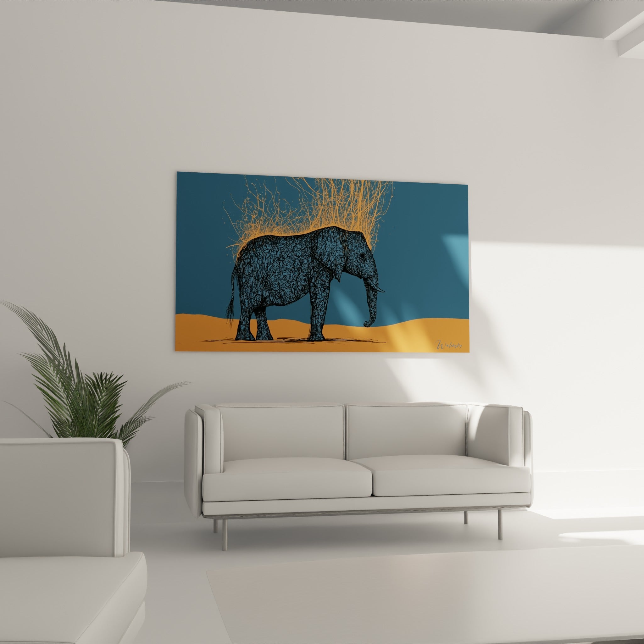 Pachyderme bleu marine aux branches dorées au-dessus d'un canapé dans un salon lumineux