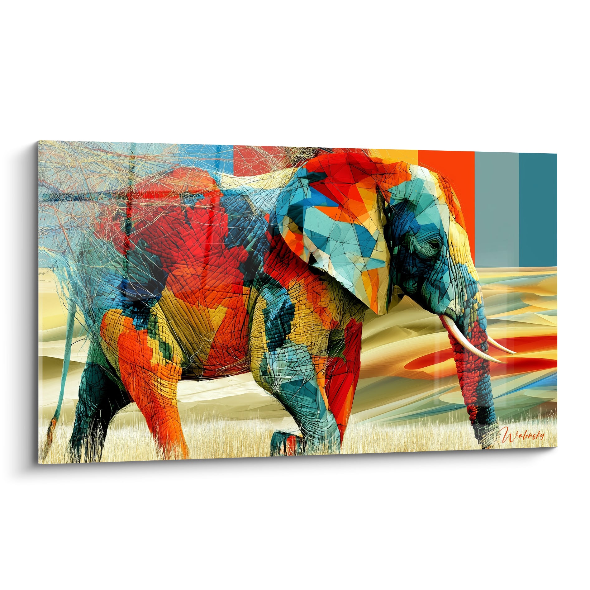 Éléphant en marche aux teintes orange vif, bleu sarcelle et jaune ocre, silhouette fragmentée