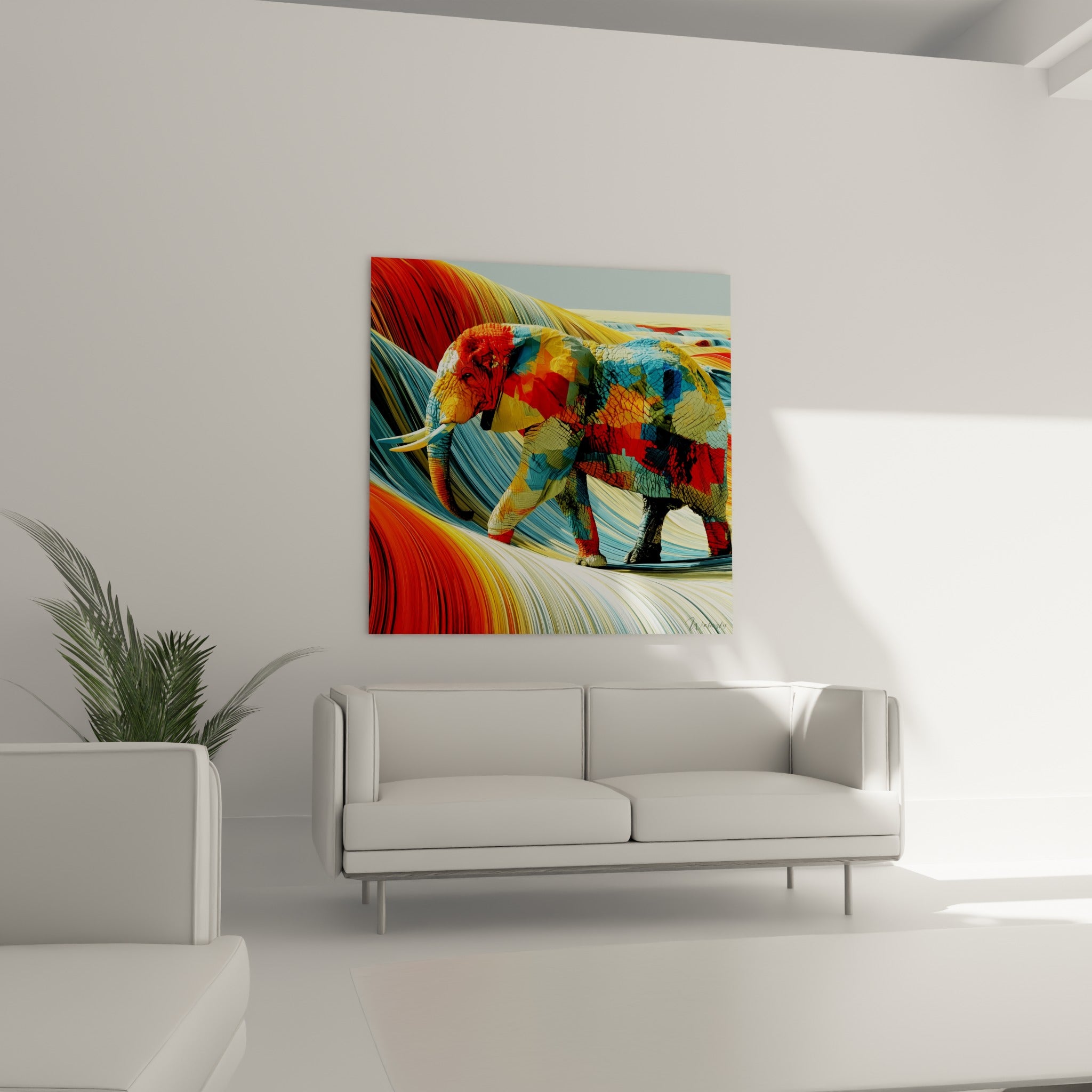 Animal aux motifs mosaïqués rouge et jaune, accroché au-dessus d'un canapé dans un salon lumineux