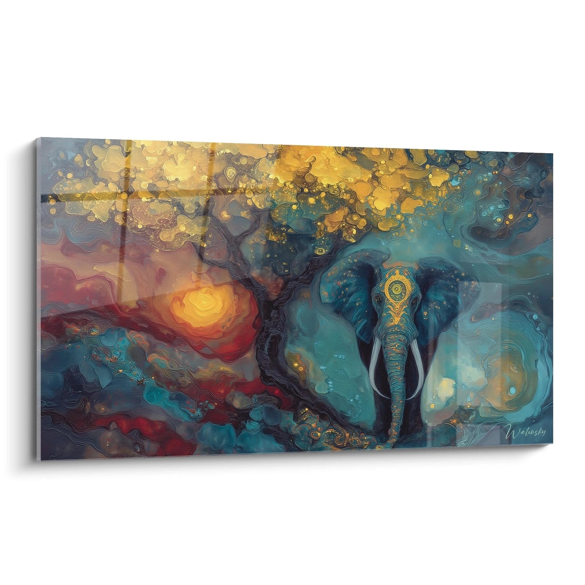 Tableau éléphant paysage africain avec des couleurs vibrantes et des reflets de nature