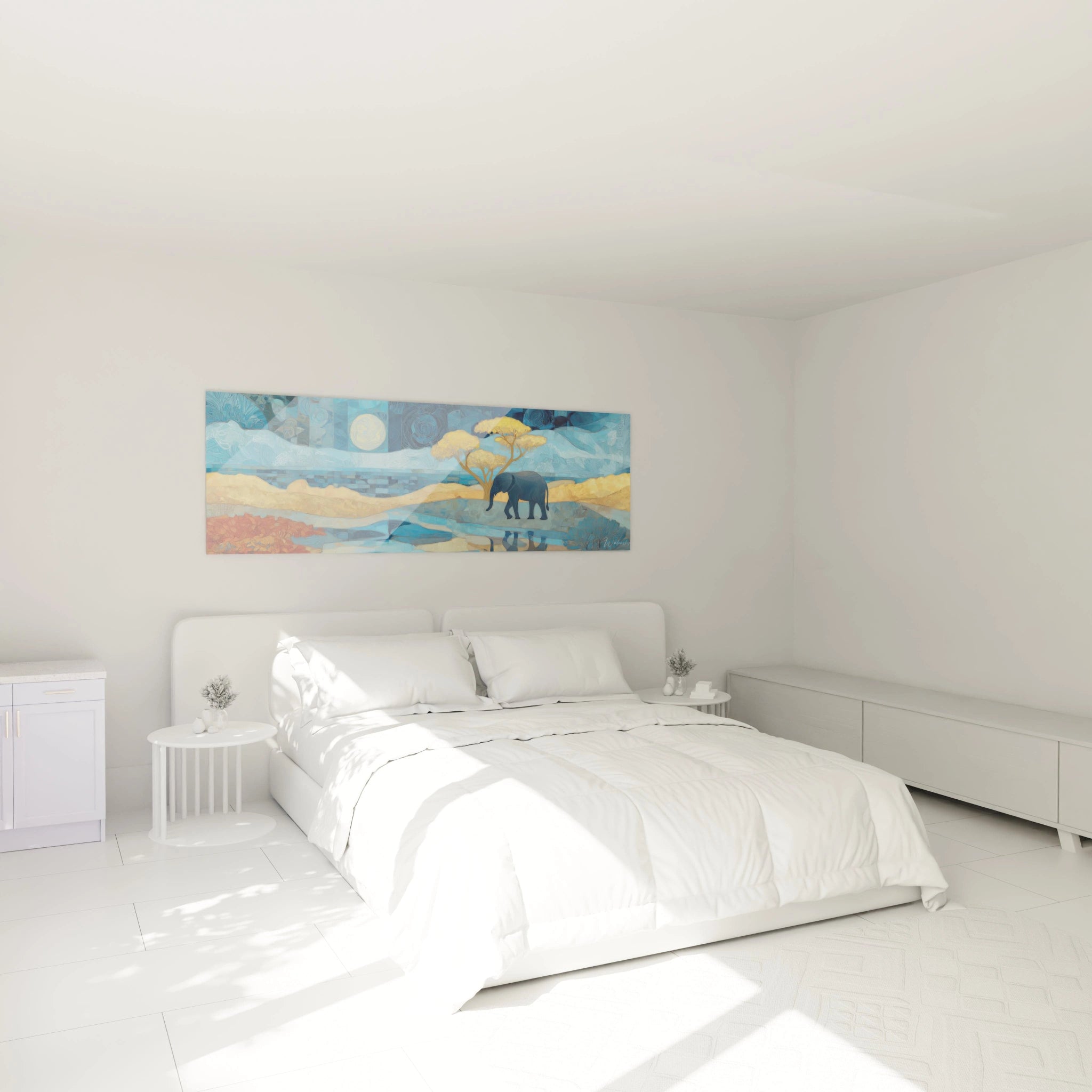 Tableau éléphant africain décorant un mur dans une chambre moderne et lumineuse