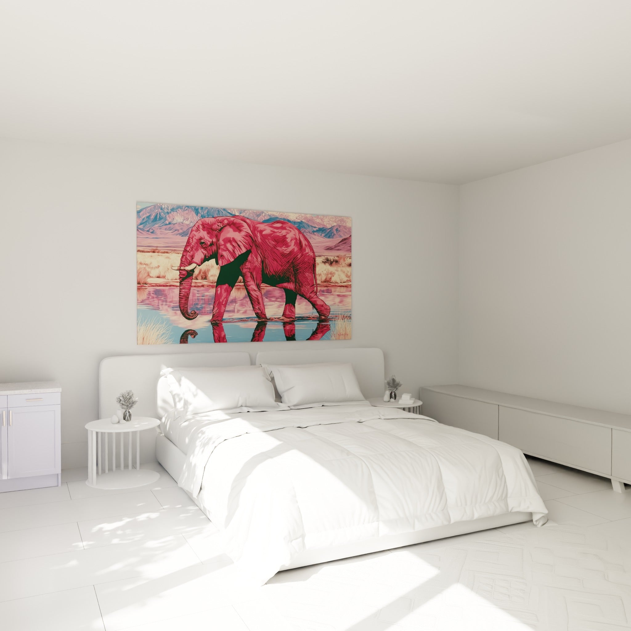 Silhouette d'éléphant rose et bleu se reflétant dans l'eau, au-dessus d'un lit dans une chambre claire