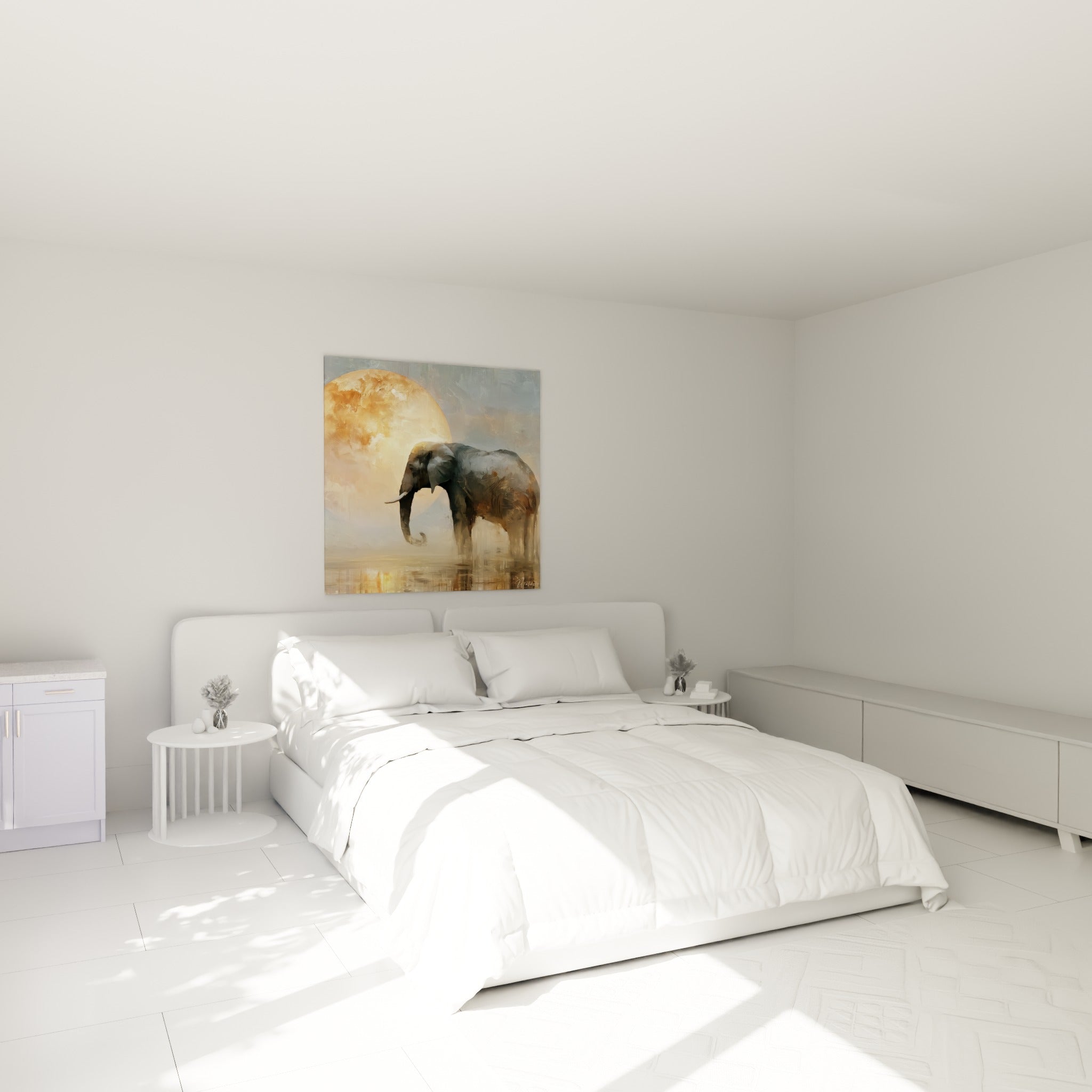 Silhouette d'éléphant gris et lune dorée surplombant un lit dans une chambre claire