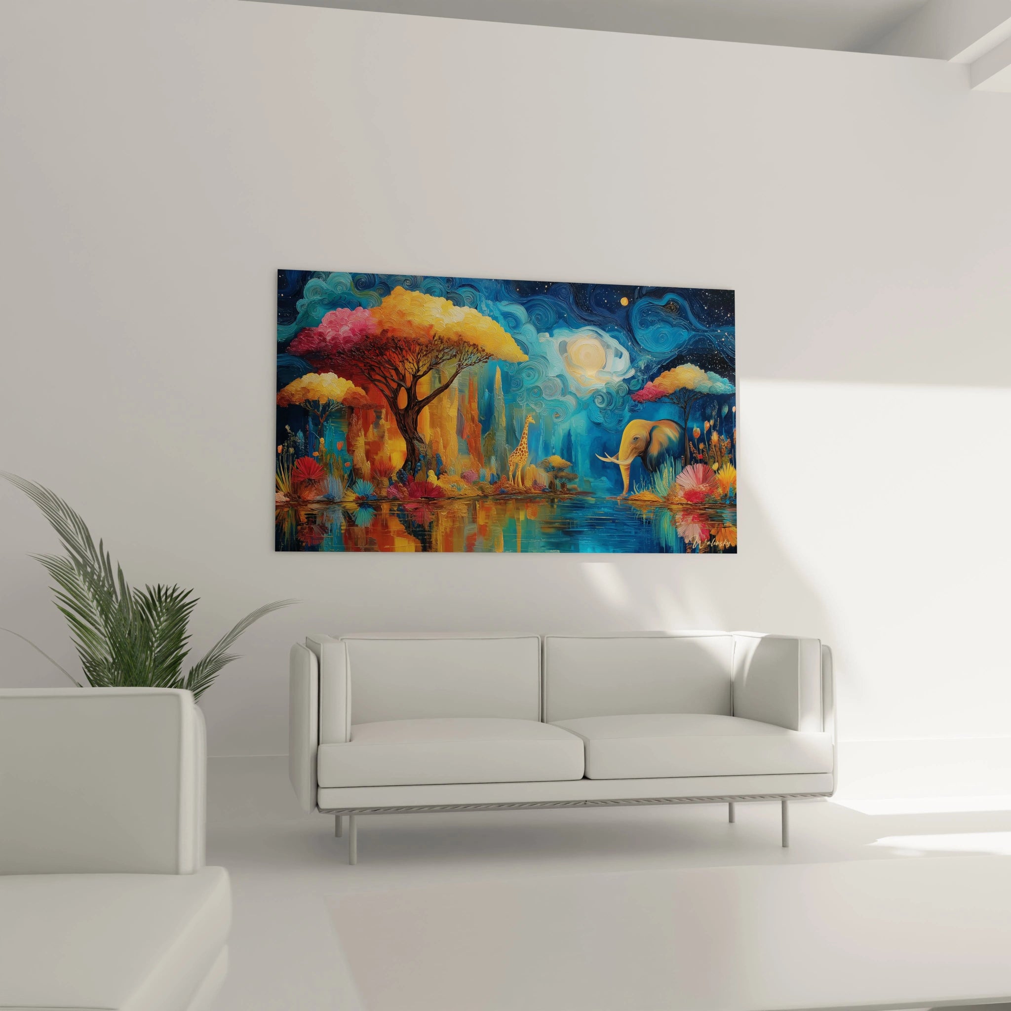 Tableau éléphant paysage africain vibrant avec des couleurs éclatantes et un décor paisible