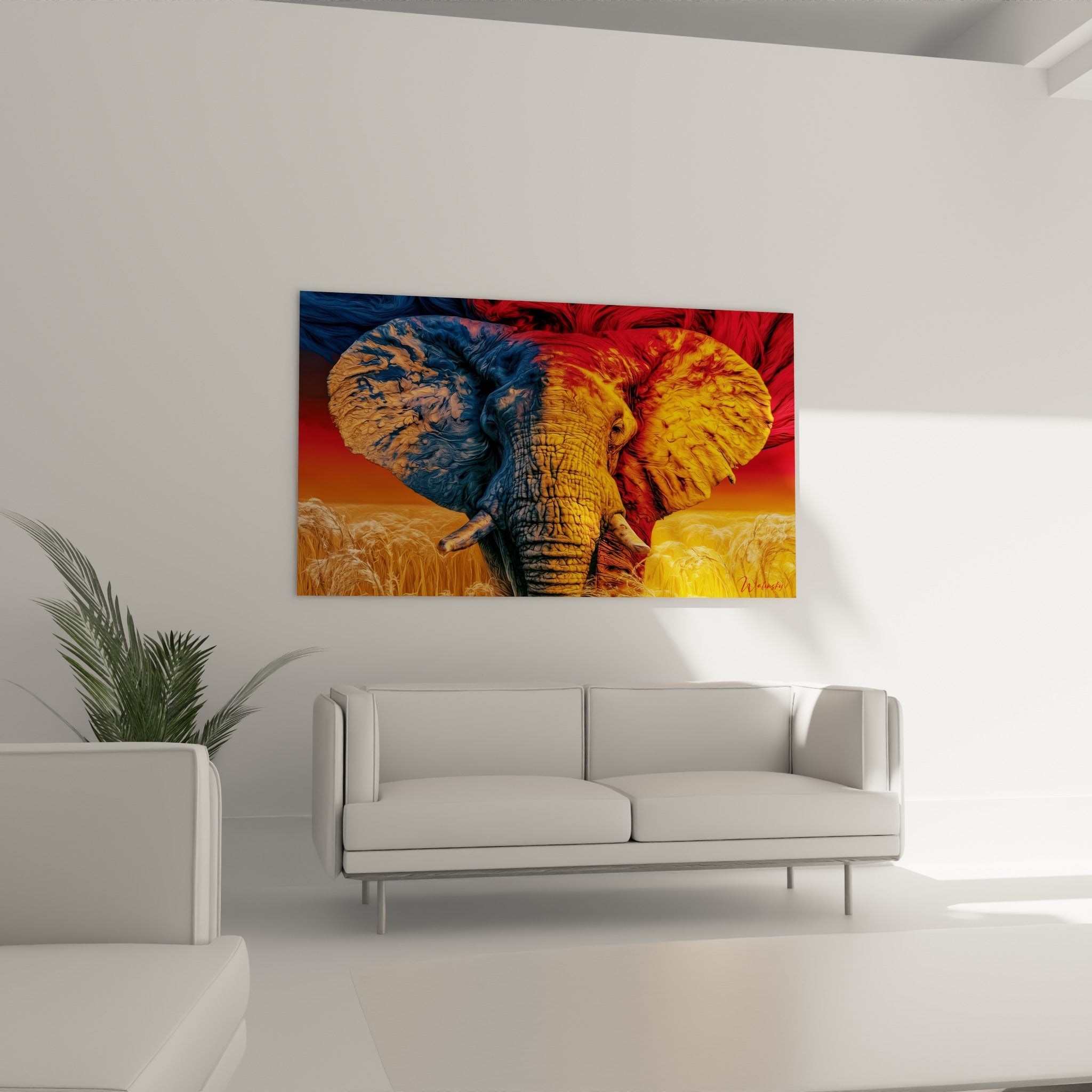 Regard intense de l'éléphant entouré de tons rouges et bleu marine, au-dessus d'un canapé dans un salon lumineux