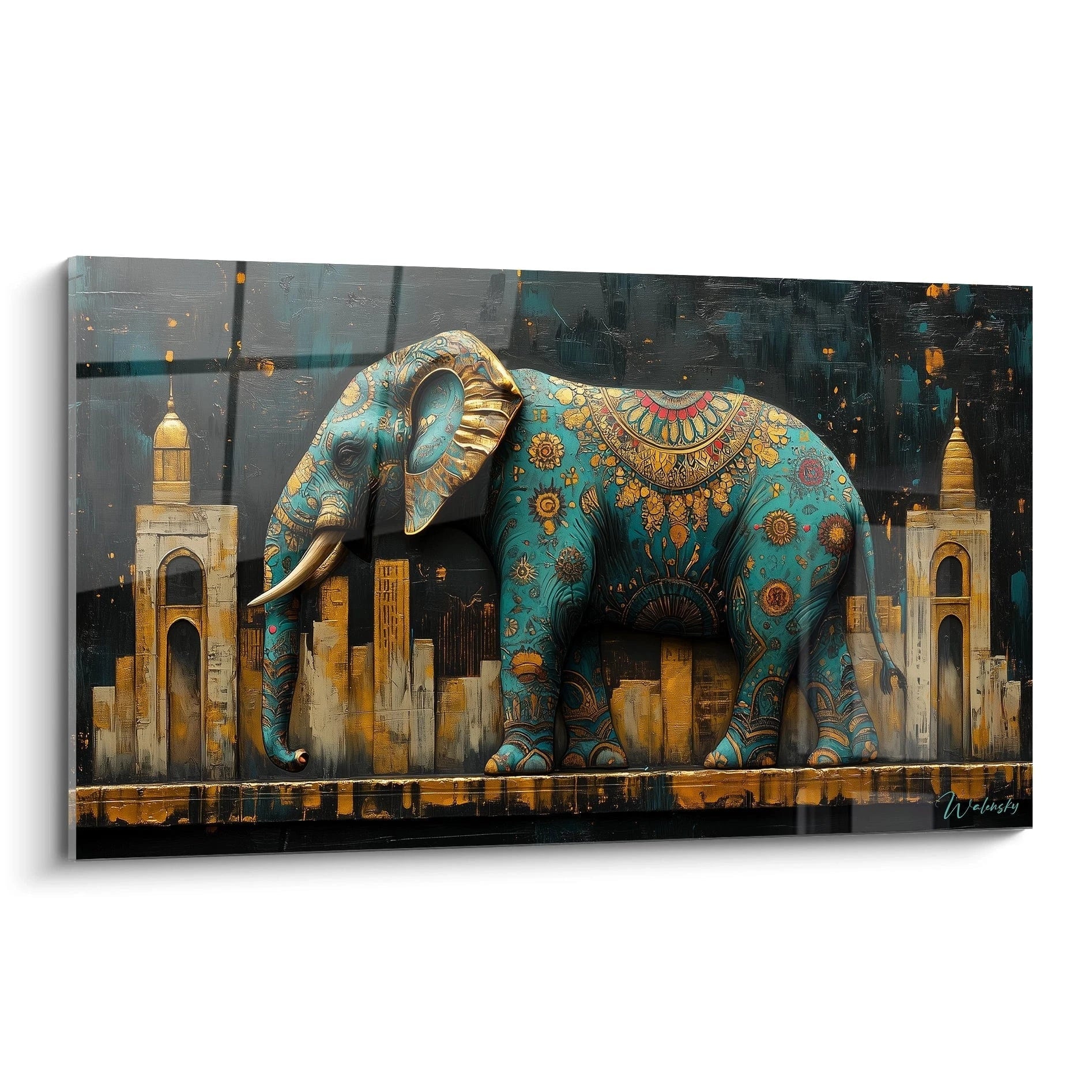 Tableau éléphant coloré de Walensky sur fond urbain avec motifs décoratifs