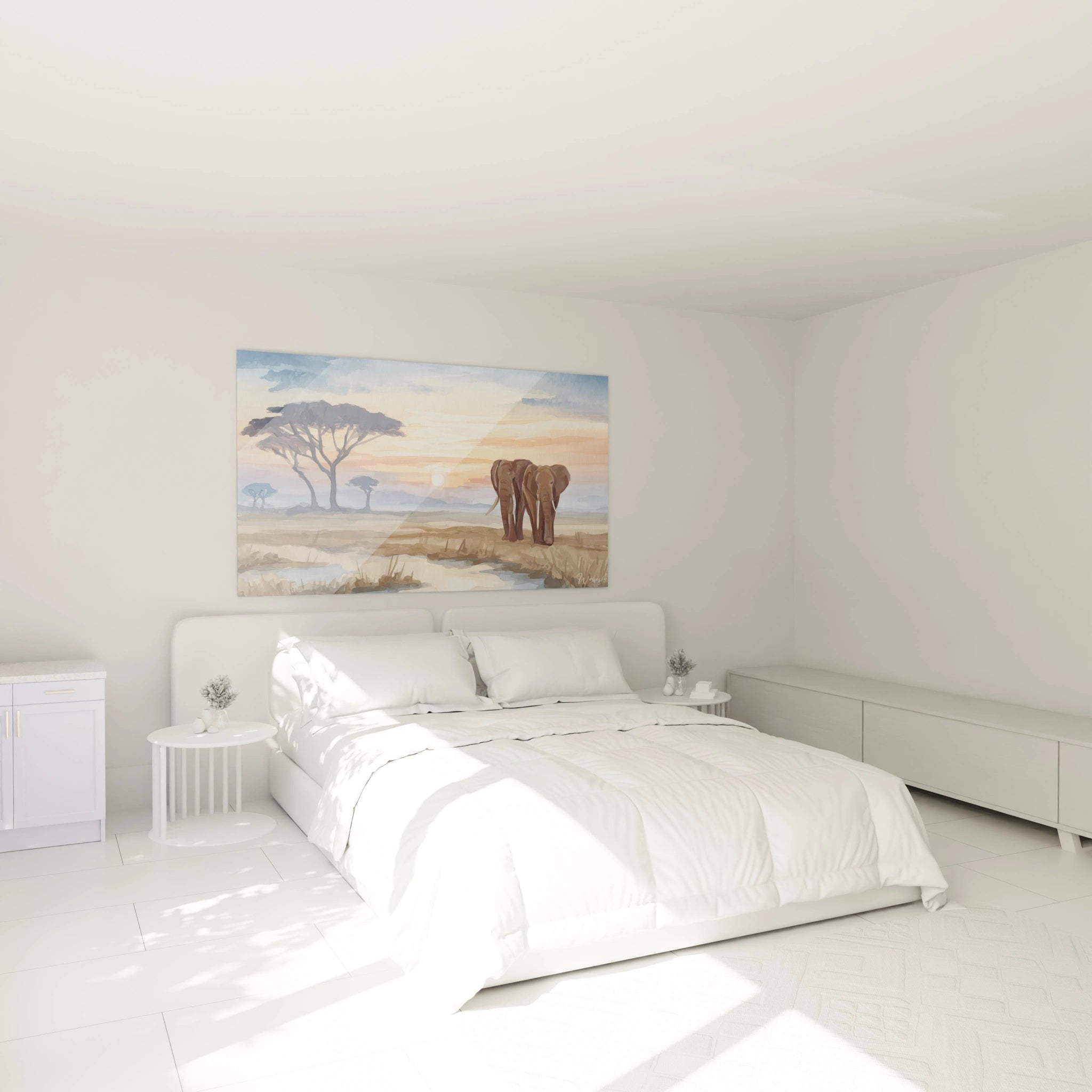Tableau éléphant roi paysage africain, décor mural apaisant pour une chambre moderne