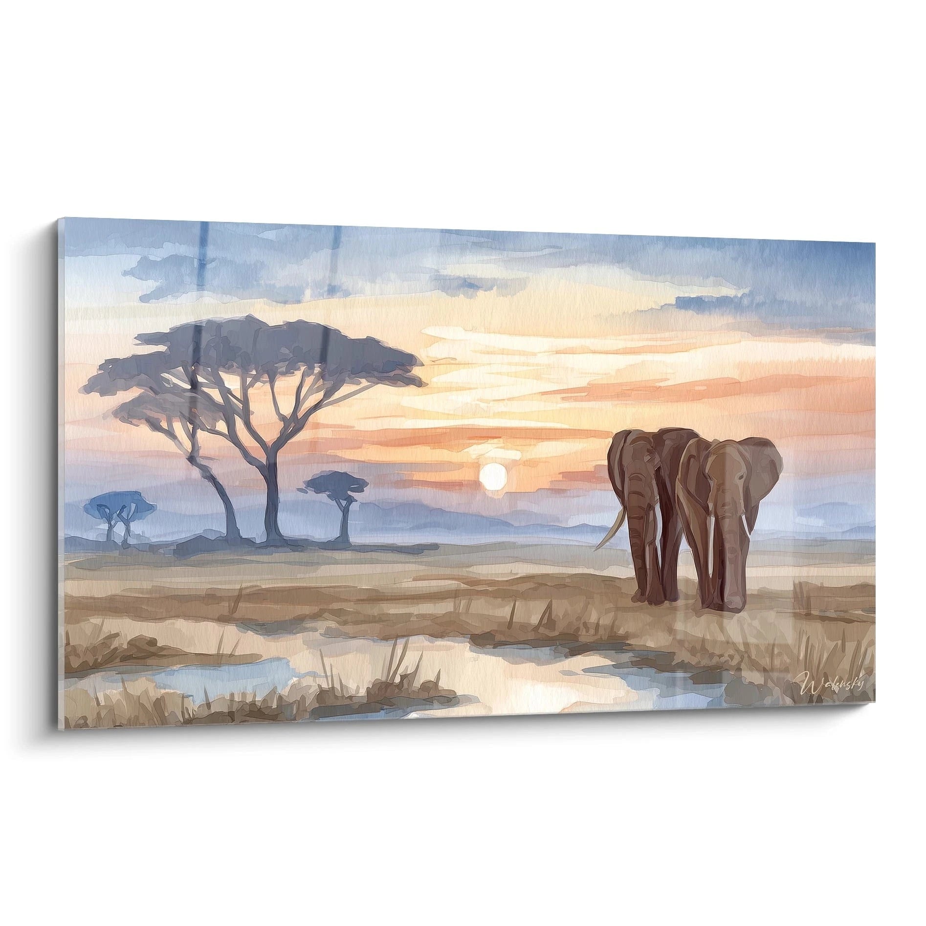 Tableau éléphant roi paysage africain avec des éléphants dans un cadre de coucher de soleil.