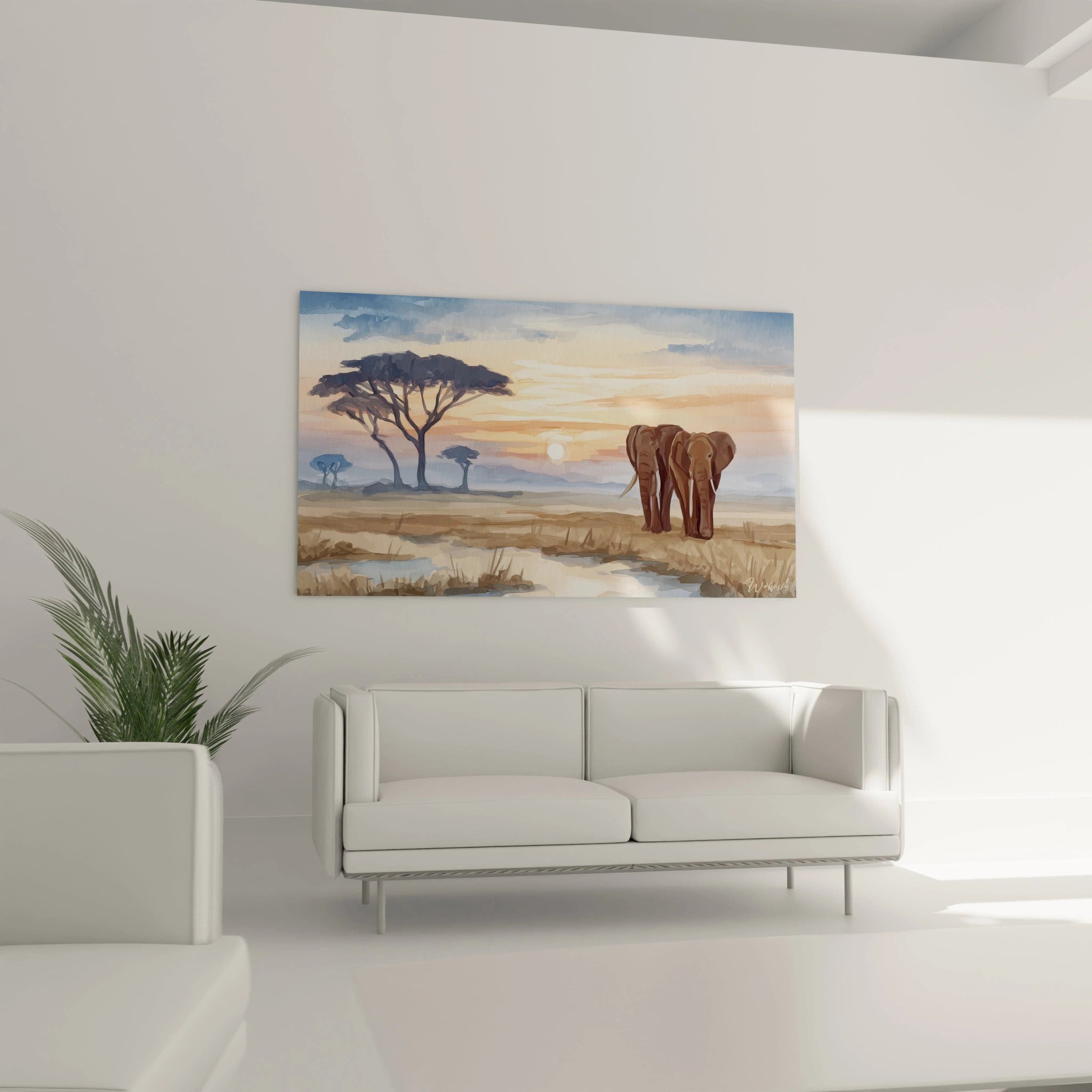 Tableau éléphant roi paysage africain, décor mural élégant pour un intérieur moderne