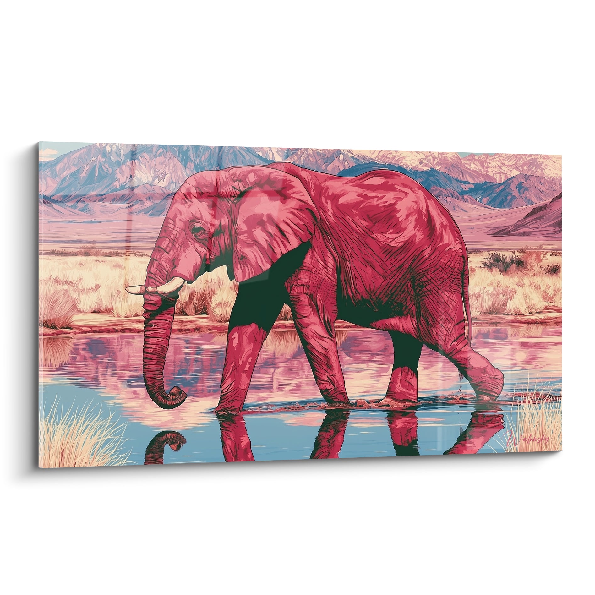 Éléphant rose fauve traversant un point d'eau bleu pastel devant des montagnes