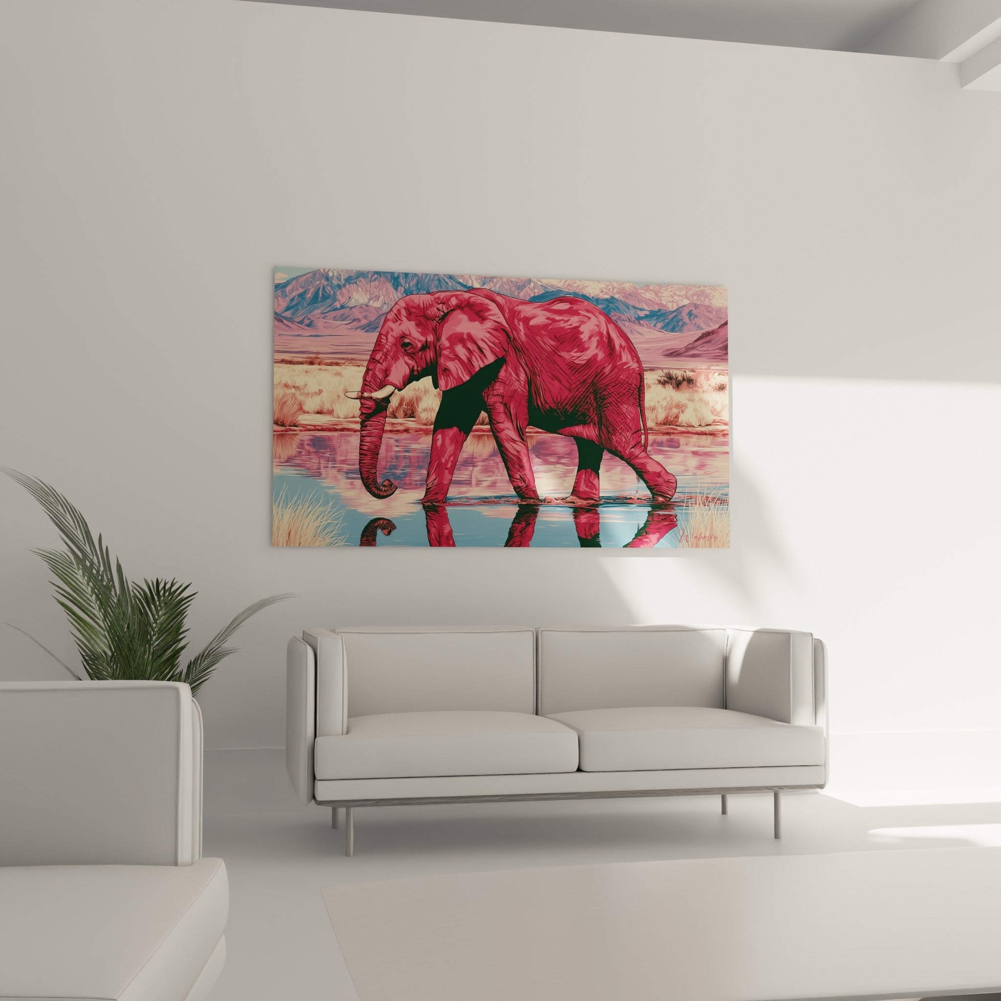 Éléphant fauve marchant dans une eau calme sous des montagnes bleutées, au-dessus d'un canapé dans un salon lumineux