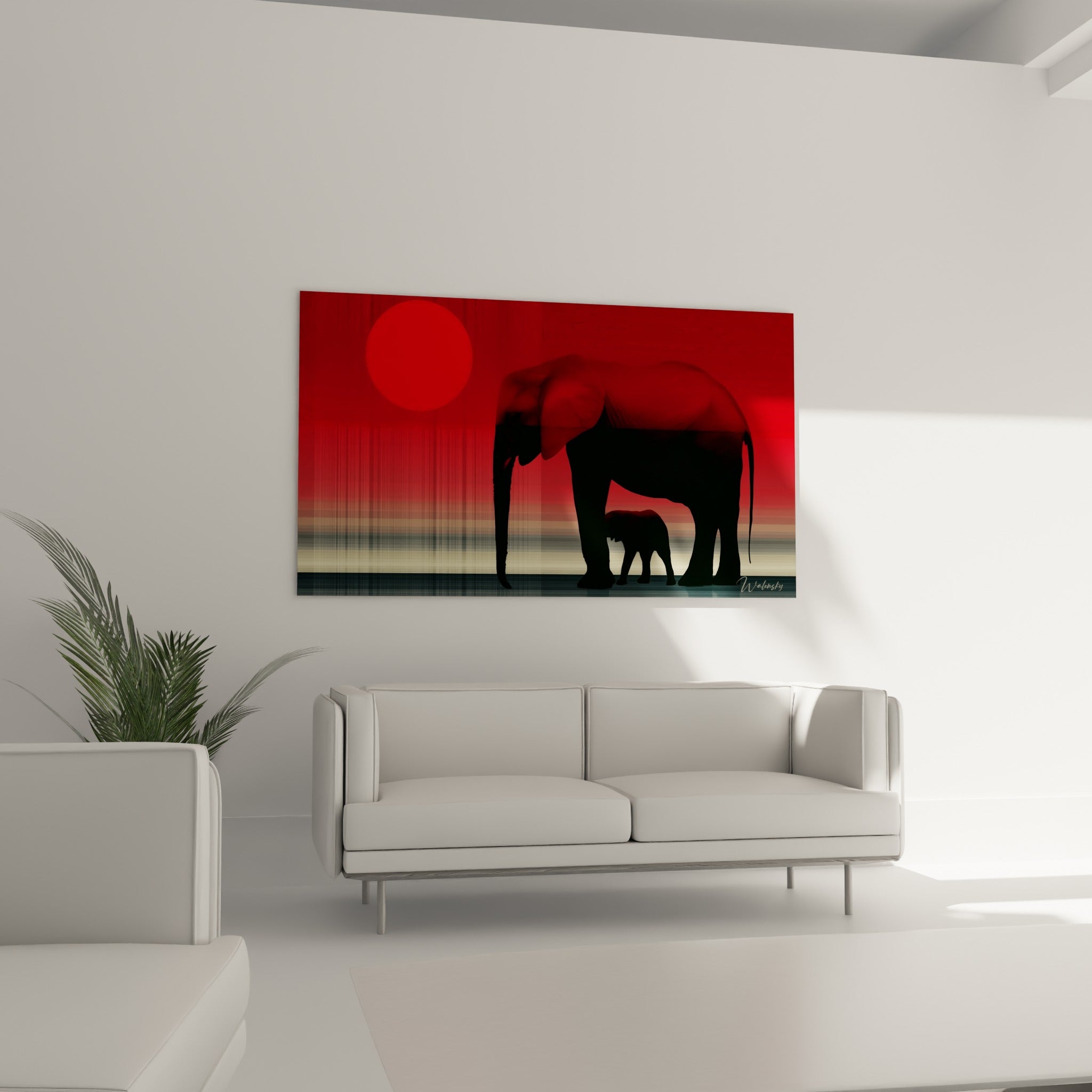 Scène africaine rouge et bleu marine avec deux éléphants, au-dessus d'un canapé dans un salon lumineux
