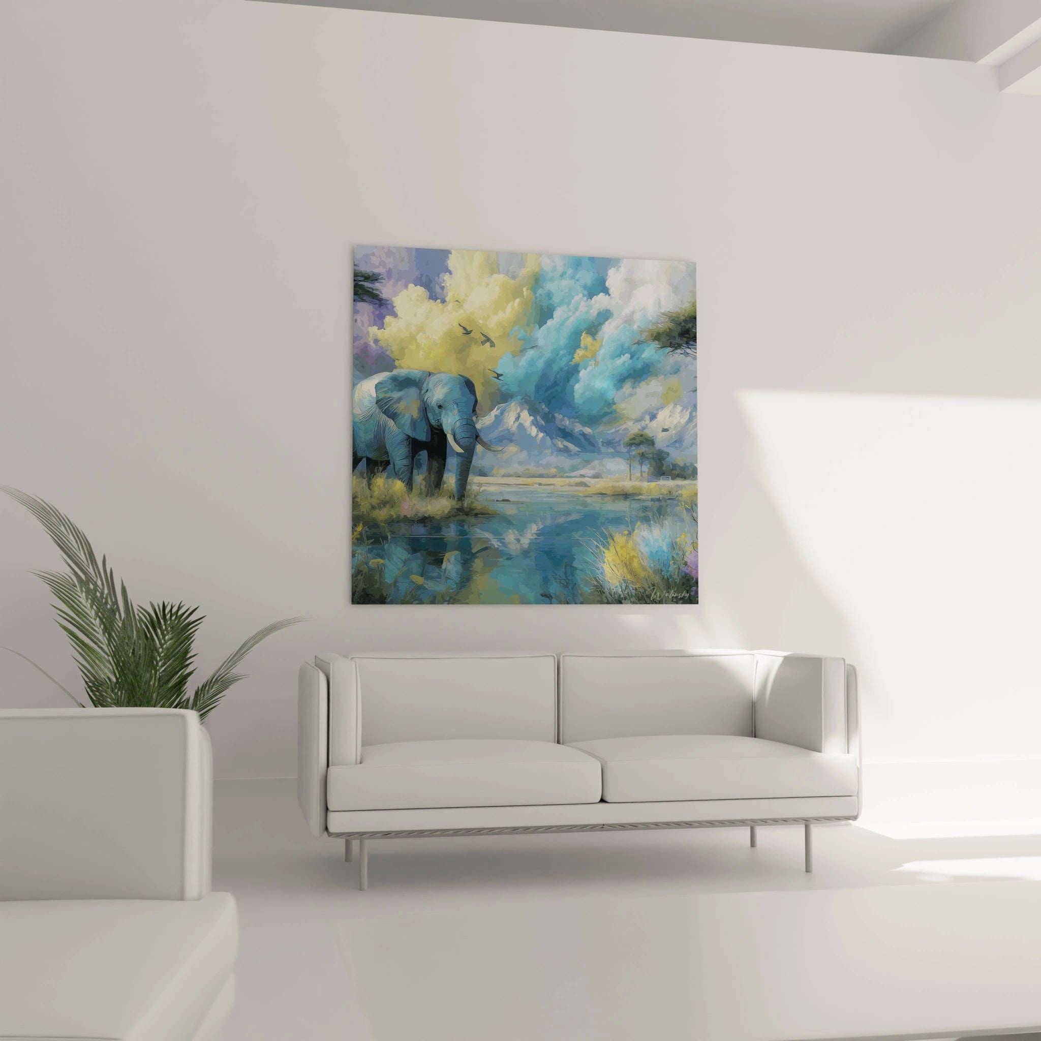 Tableau éléphant africain avec un ciel coloré et un paysage apaisant dans un intérieur moderne