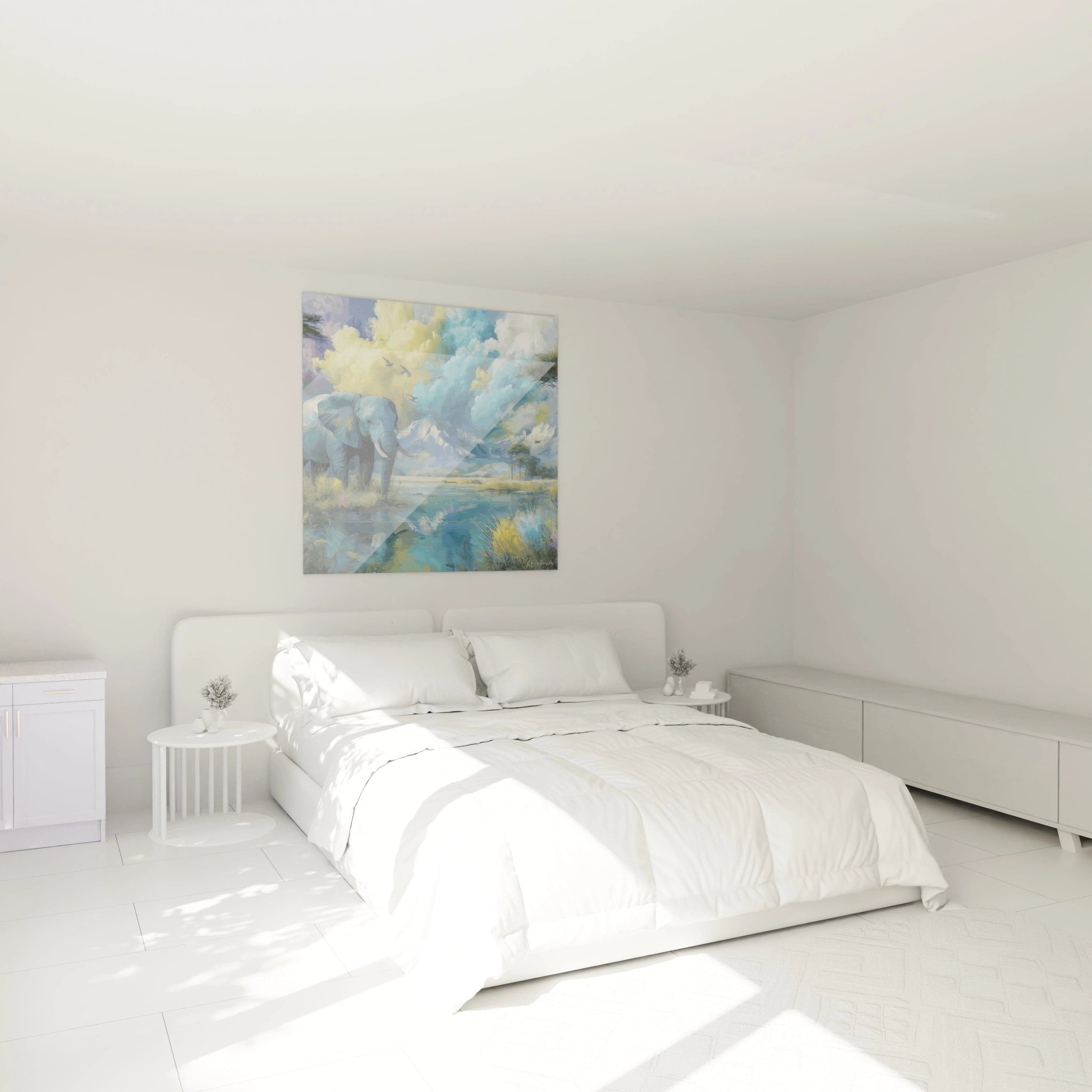 Tableau éléphant africain en couleurs douces accroché au mur d'une chambre minimaliste