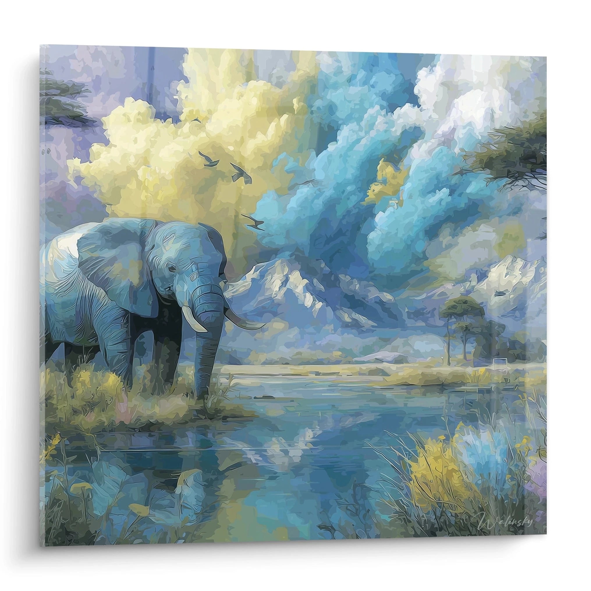 Tableau éléphant africain avec paysage de montagne et ciel coloré, signé Walensky