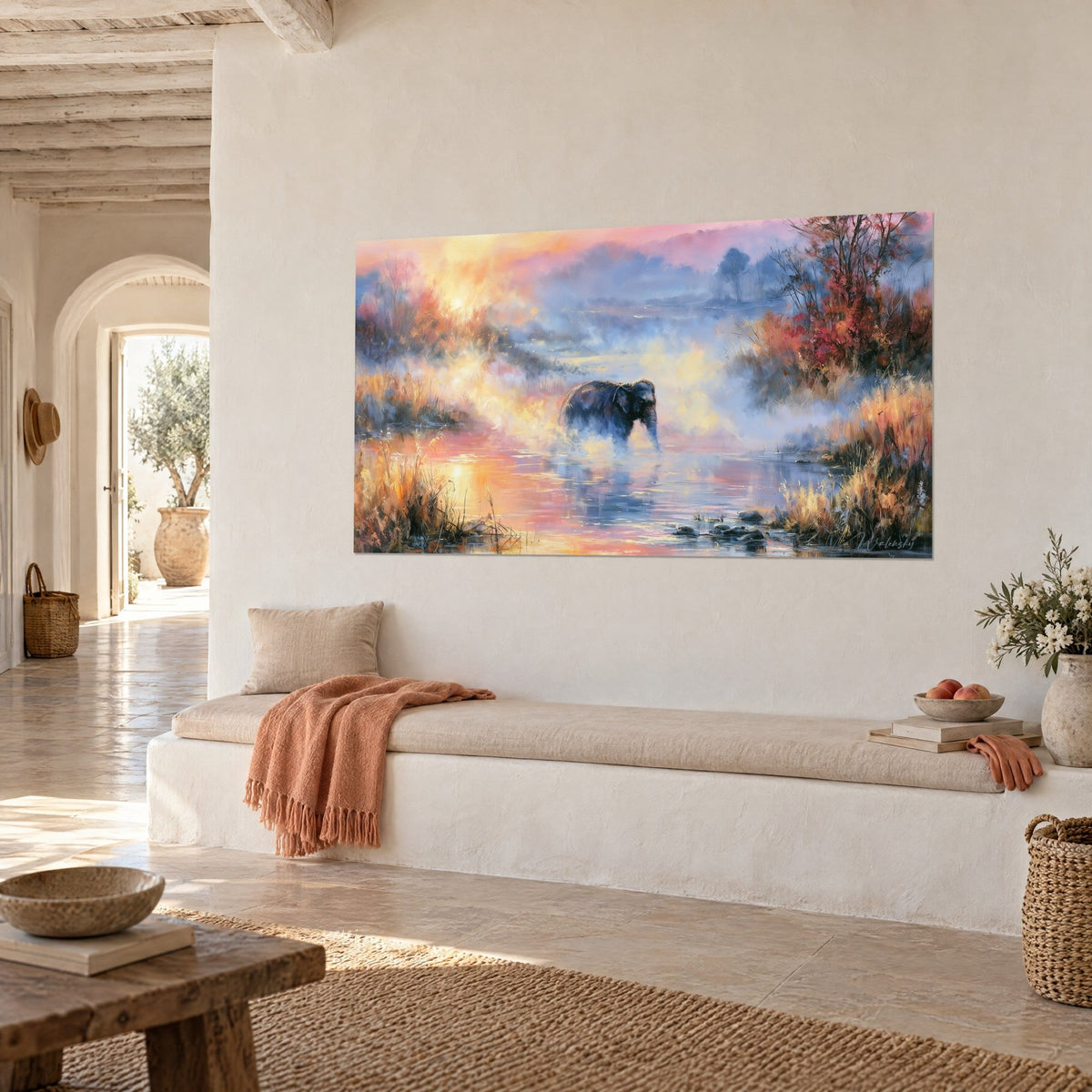 Wall art pachyderm emerging from a bluish veil over an orange and pink river, three-quarter view, Mediterranean house