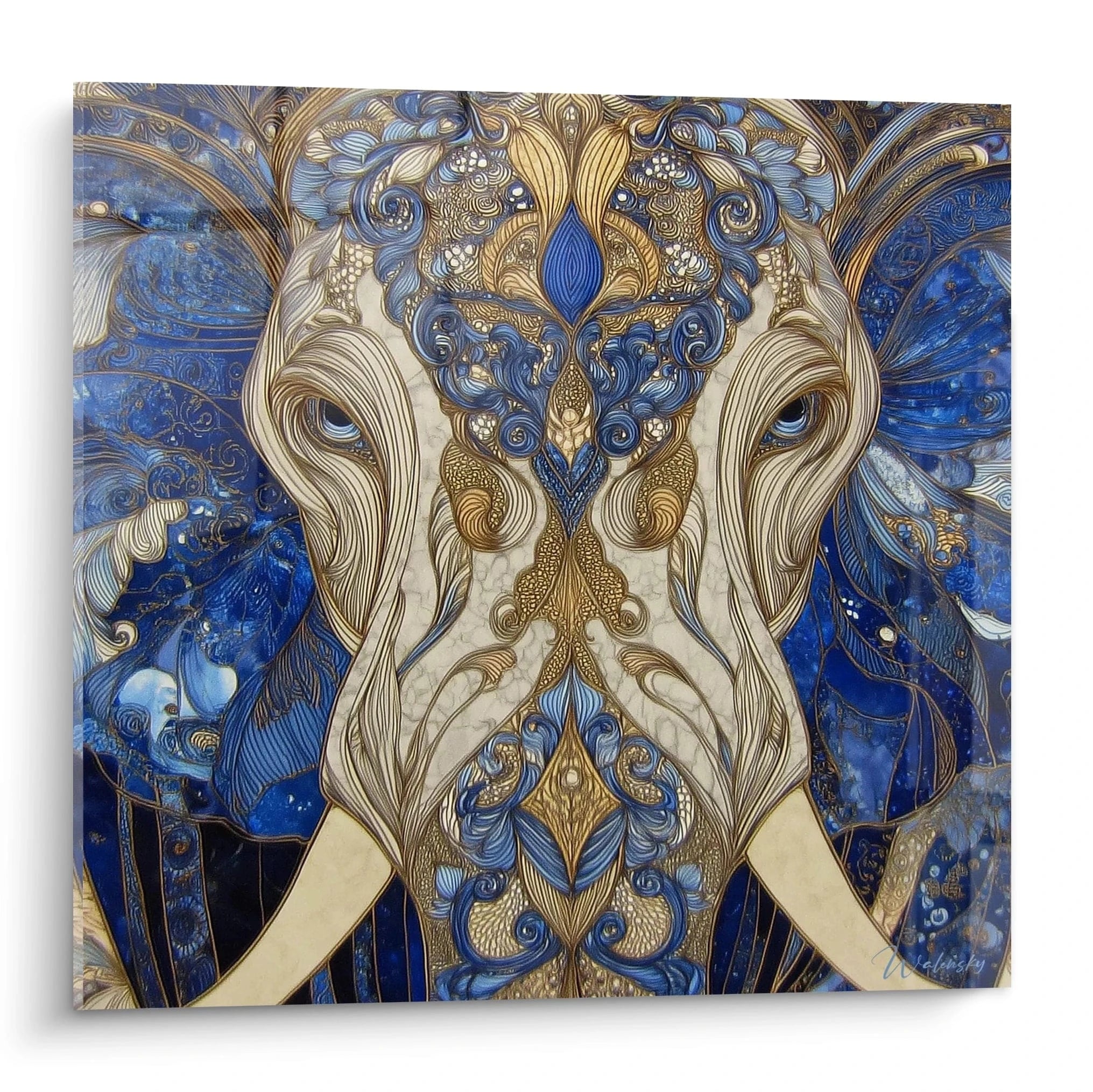 Tableau mural Walensky d'un éléphant stylisé en bleu et or avec motifs décoratifs, tableau éléphant tribal pour salon moderne