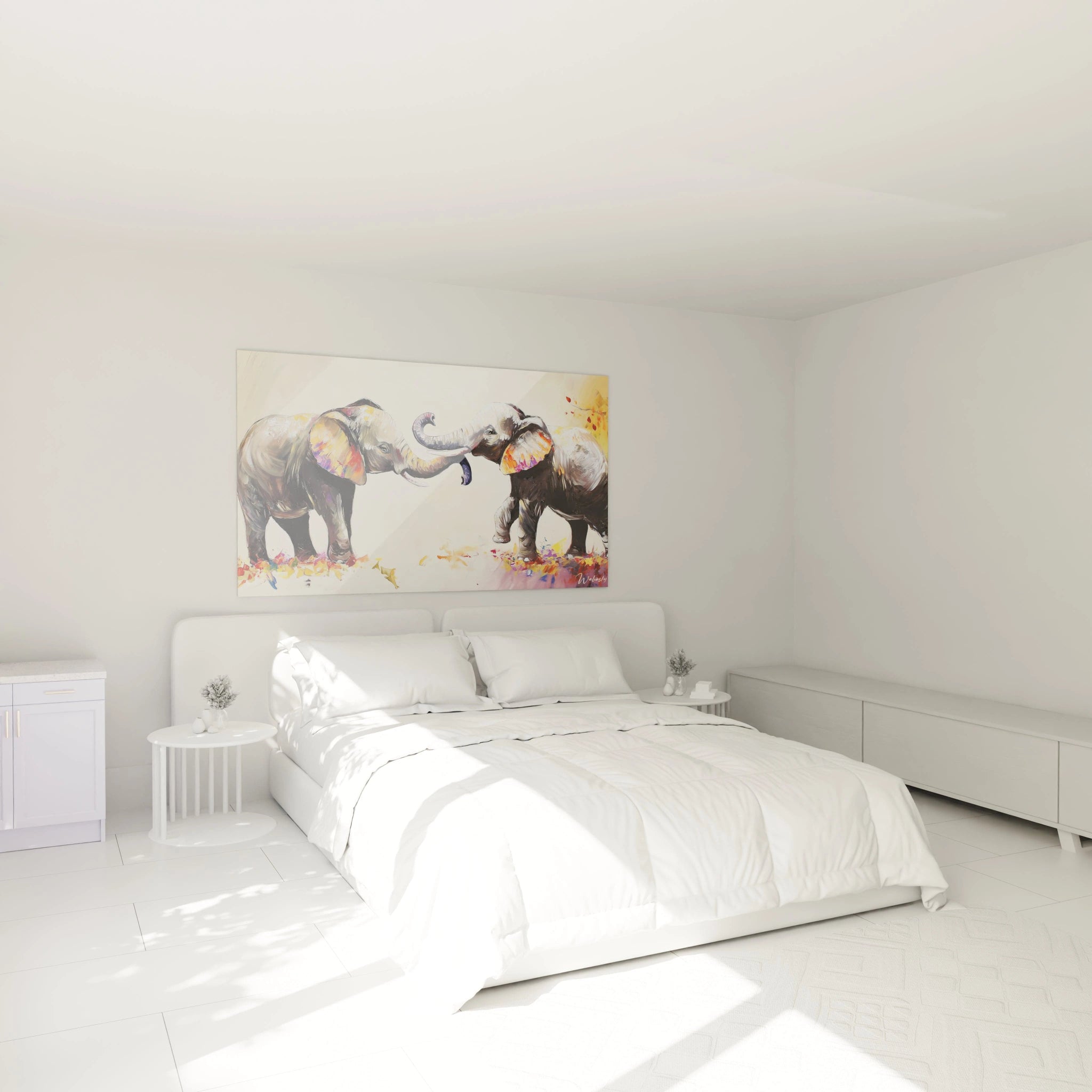 Tableau éléphant Walensky dans une chambre moderne avec lit blanc et lumière naturelle