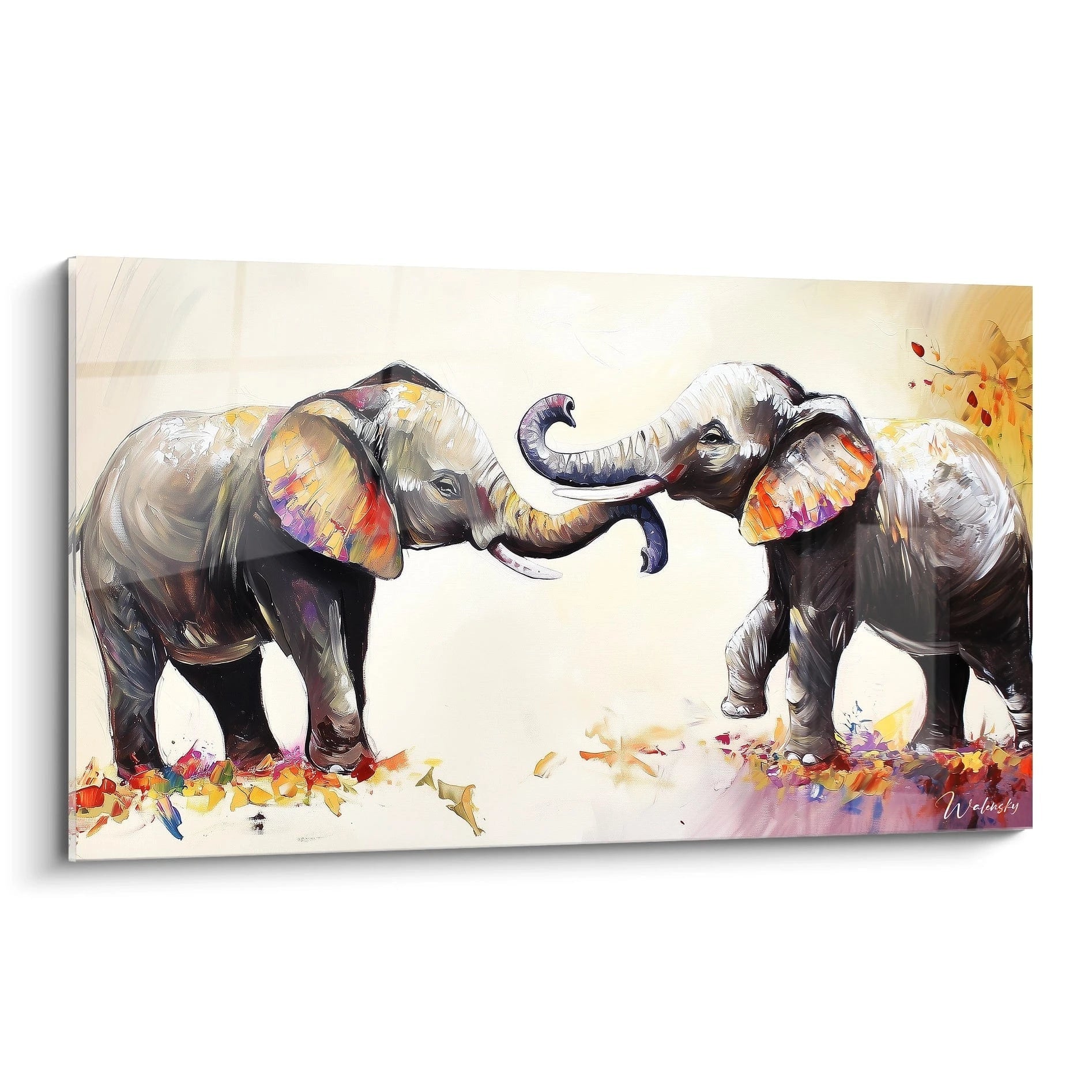 Tableau éléphant de Walensky avec deux éléphants colorés se jouant sur un fond doux