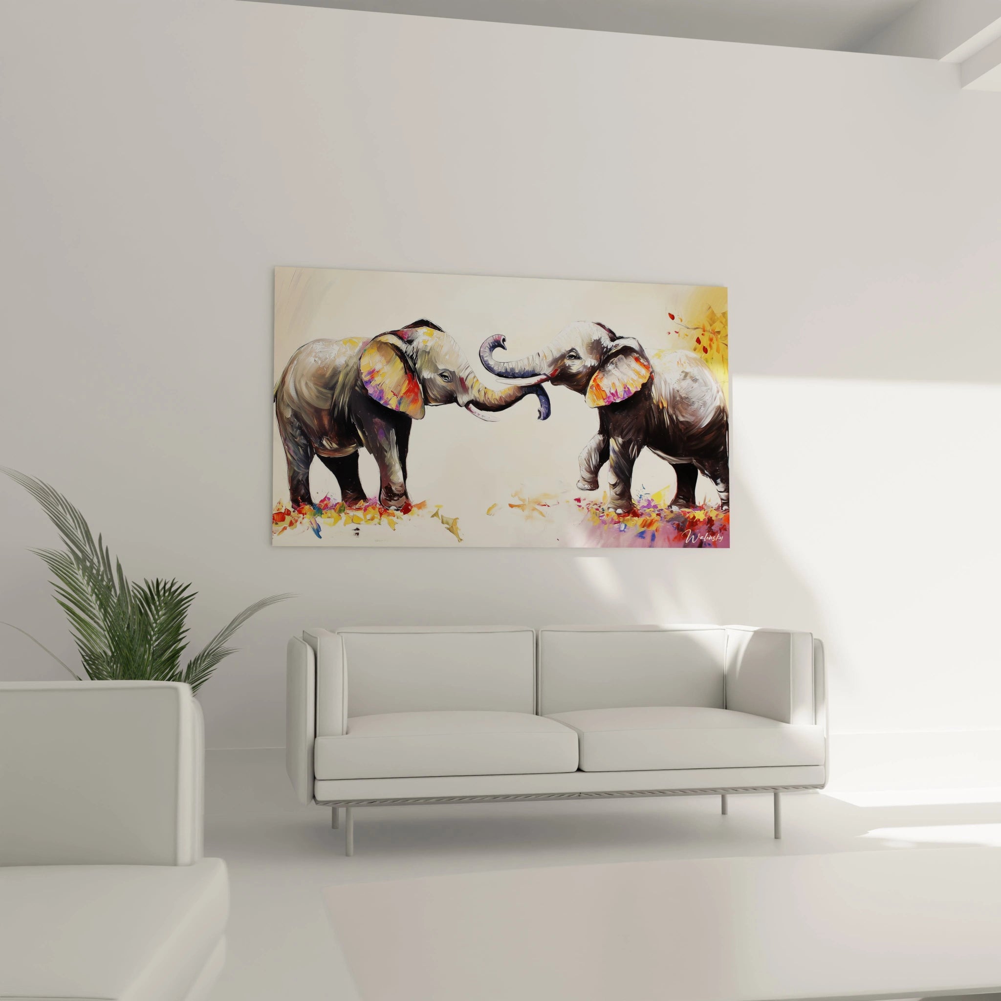 Tableau illustrant deux éléphants colorés se touchant les trompes, décor moderne pour intérieur