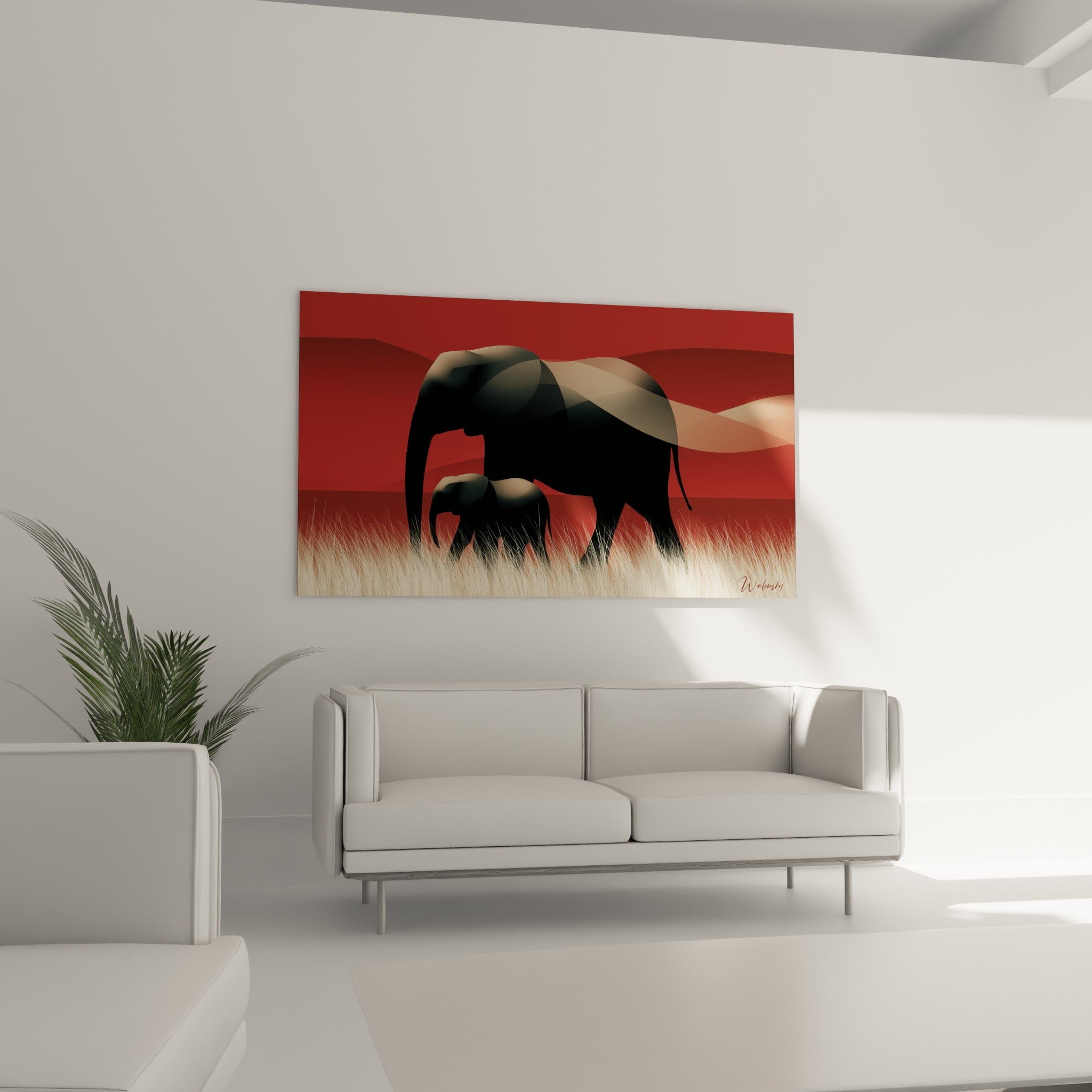 Duo d'éléphants graphiques rouge et sable installé au-dessus d'un canapé dans un salon lumineux