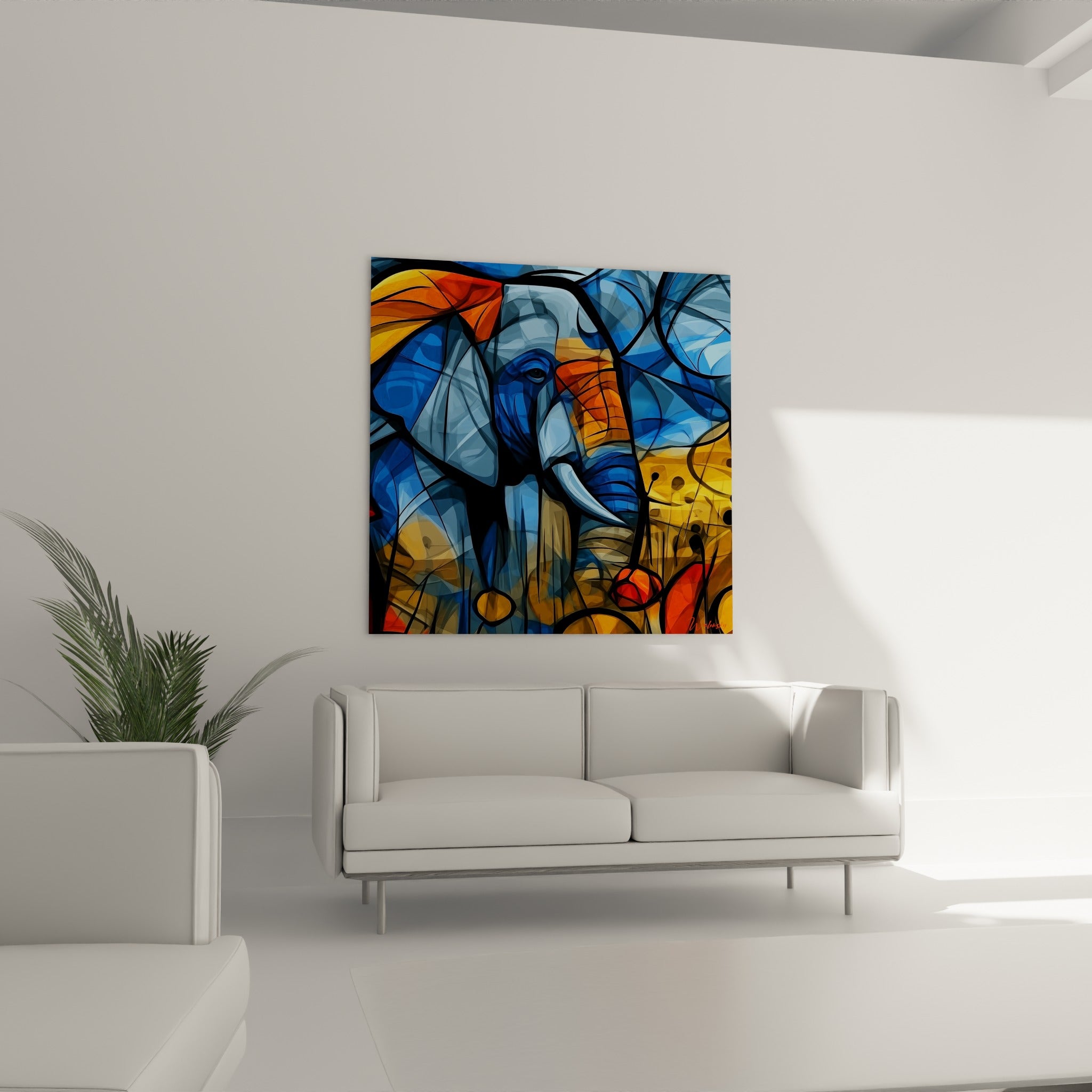 Tête d'éléphant géométrique bleu et orange brûlé, suspendue au-dessus d'un canapé dans un salon lumineux
