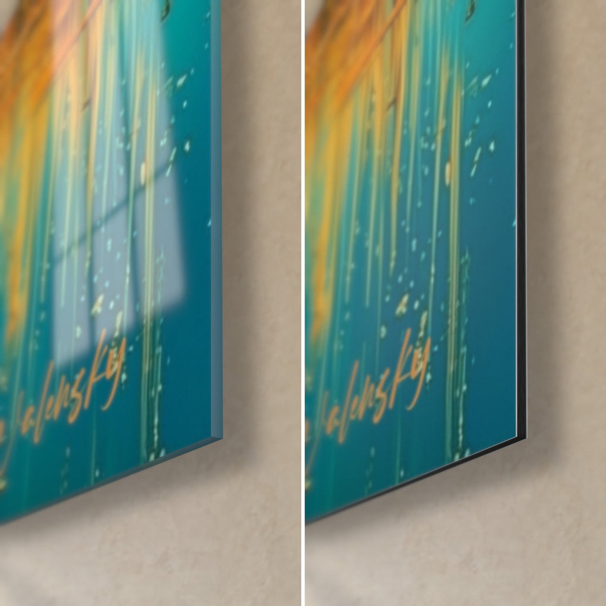 Gemälde goldener und entenblauer Elefant, untere rechte Ecke: glänzendes Acrylglas links, mattes Dibond-Aluminium rechts, 3 mm Kante