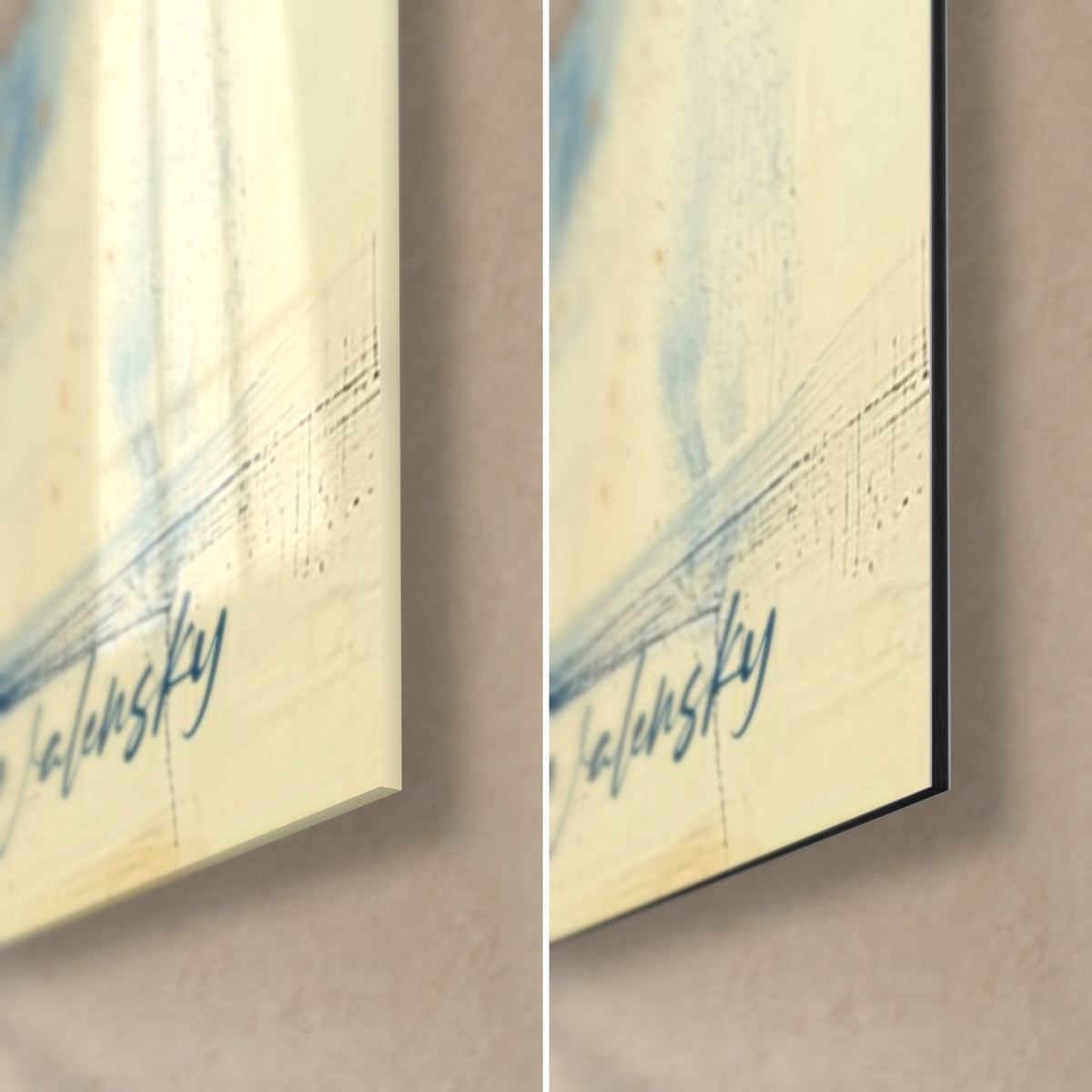 Cuadro silueta de elefante índigo, esquina inferior derecha: cristal brillante a la izquierda, aluminio Dibond mate a la derecha, canto negro de 3 mm