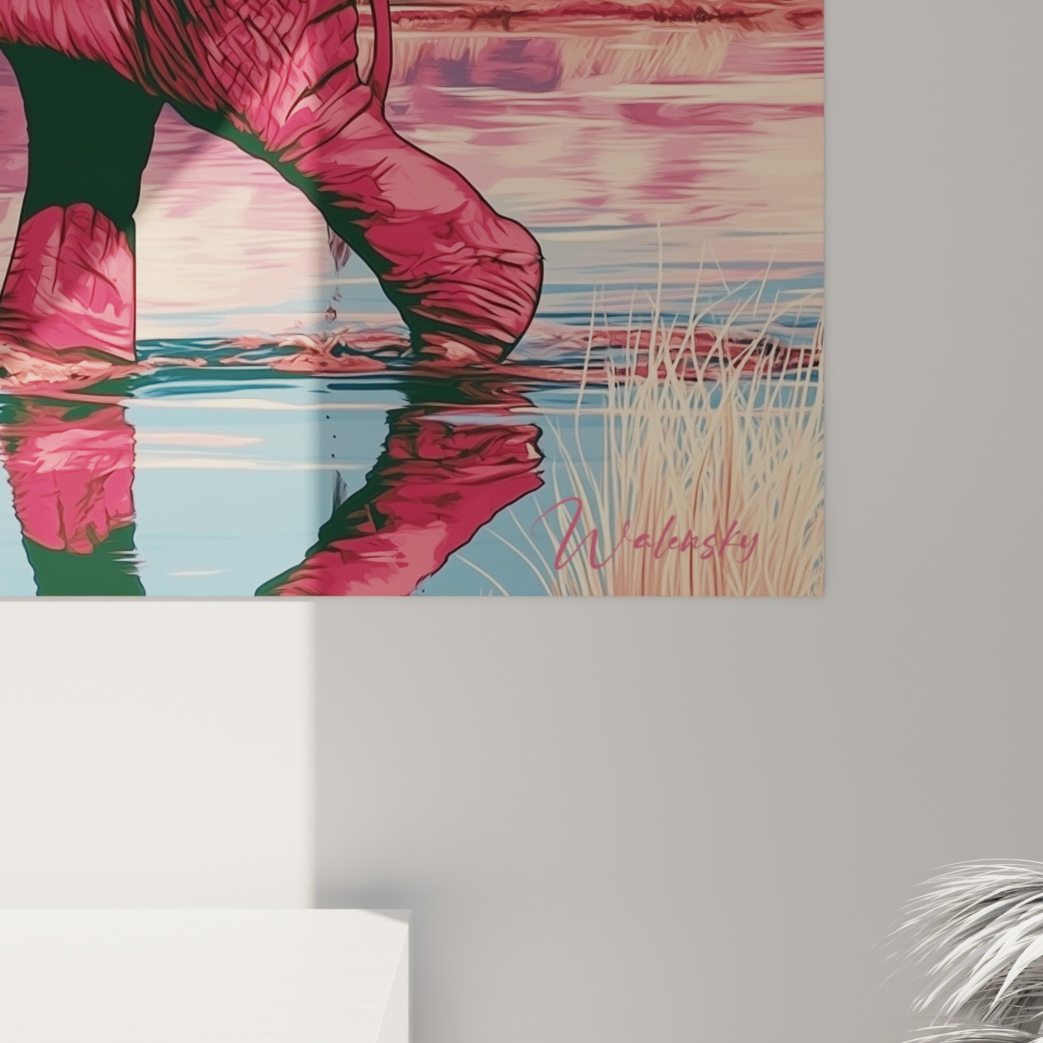 Grain et hachures noires sur la peau rose et bordeaux de l'éléphant, détail de l'impression accrochée
