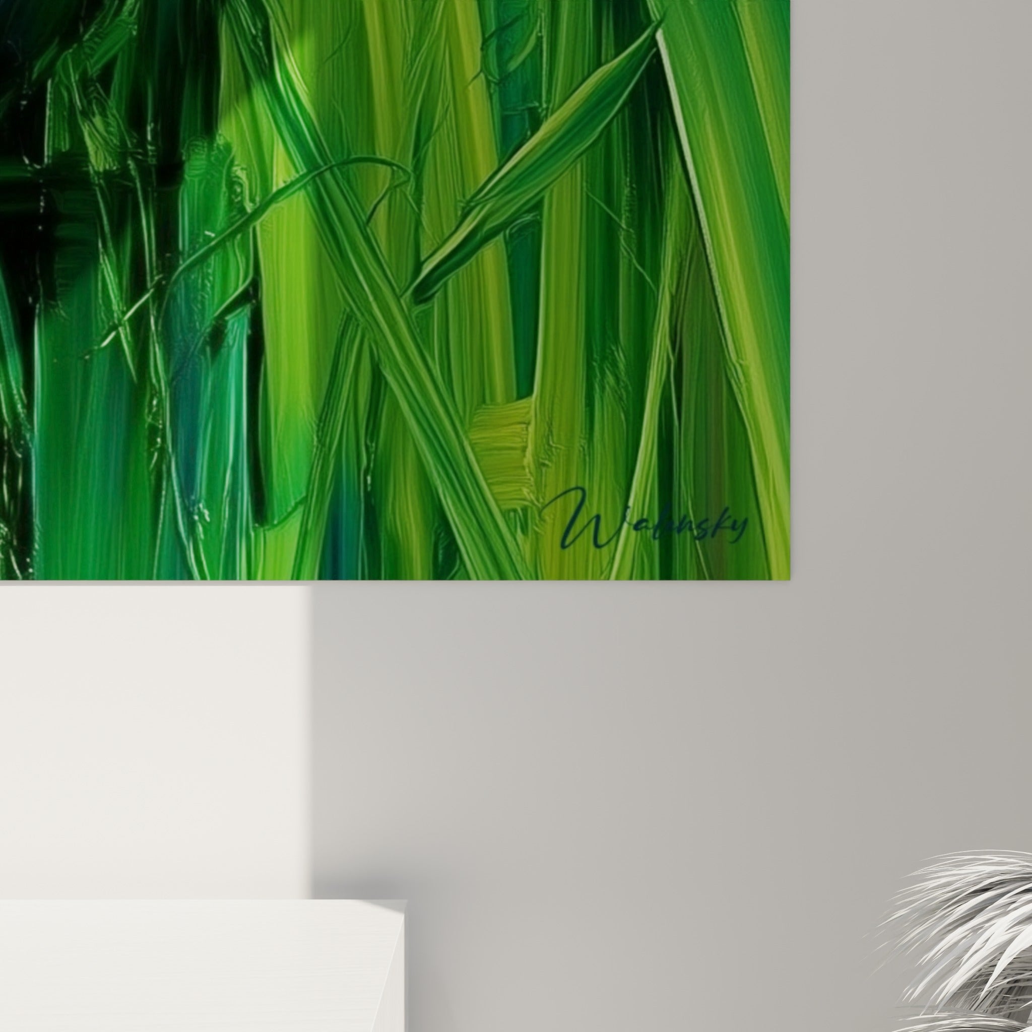 Empâtements épais de vert émeraude et bleu pétrole révélant la matière picturale du tableau éléphant
