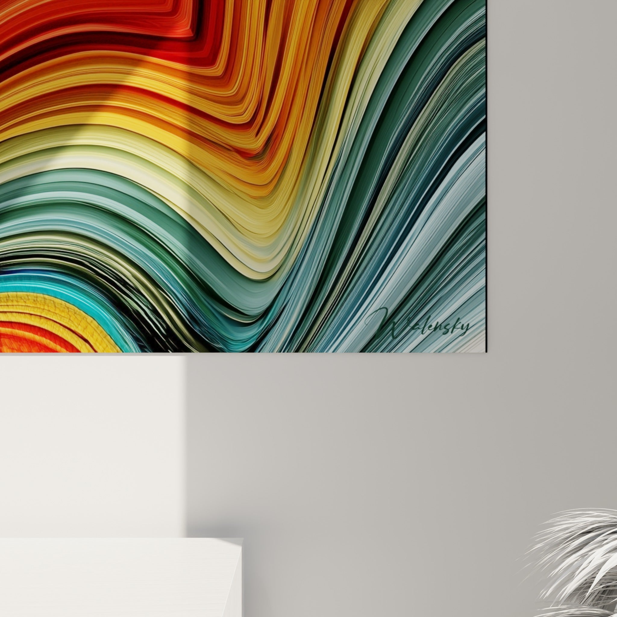 Détail des vagues chromatiques rouge, ocre et bleu pétrole imprimées avec un grain texturé sur la toile de l'éléphant