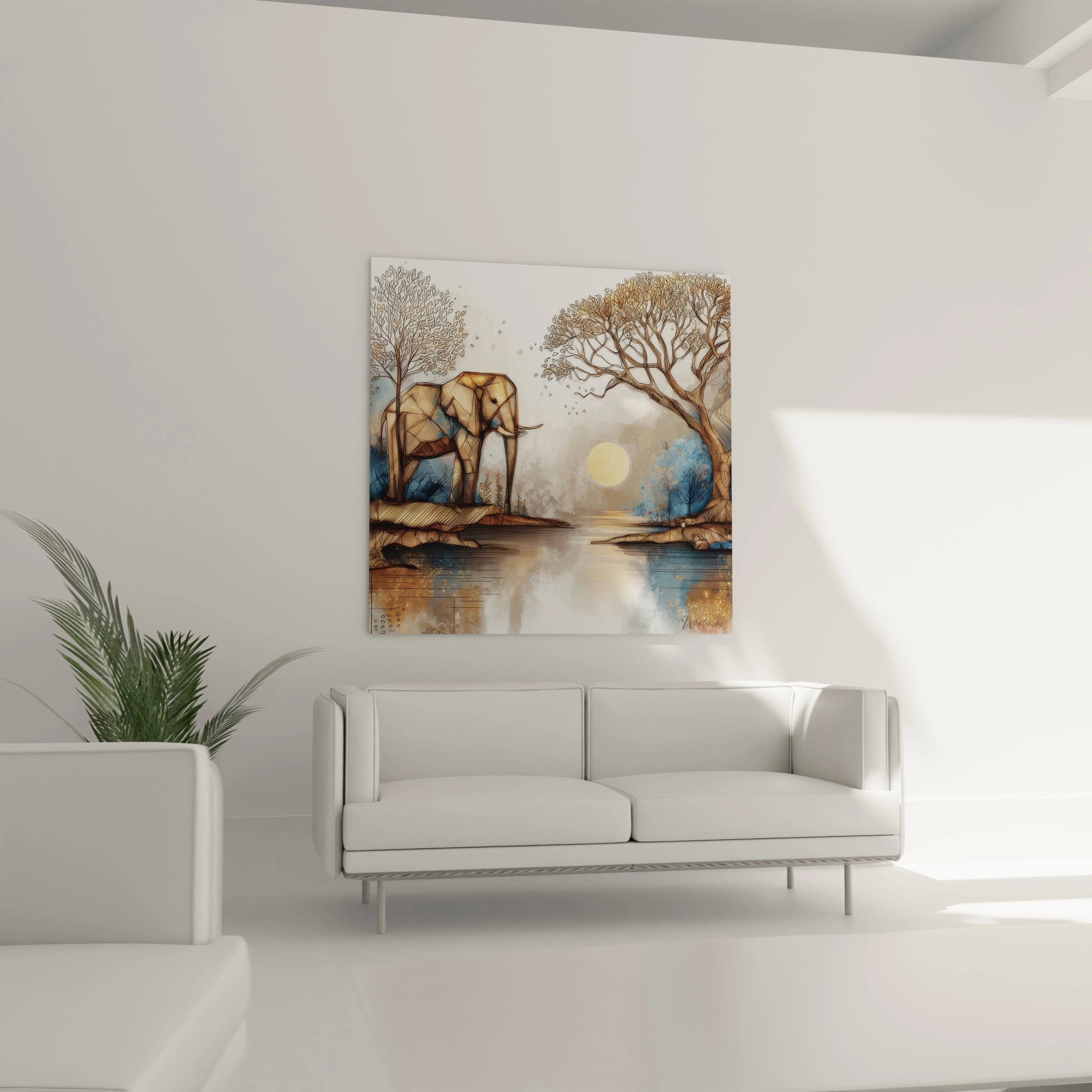 Tableau éléphant paysage africain avec des arbres et un lac reflétant un coucher de soleil