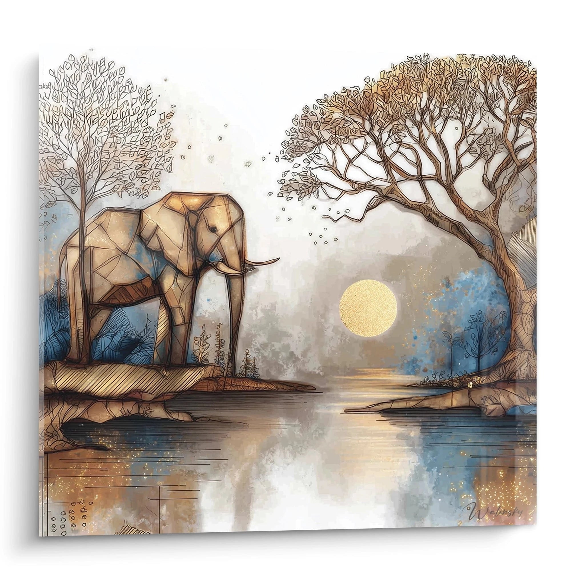 Tableau éléphant paysage africain avec un éléphant stylisé au bord d'une rivière