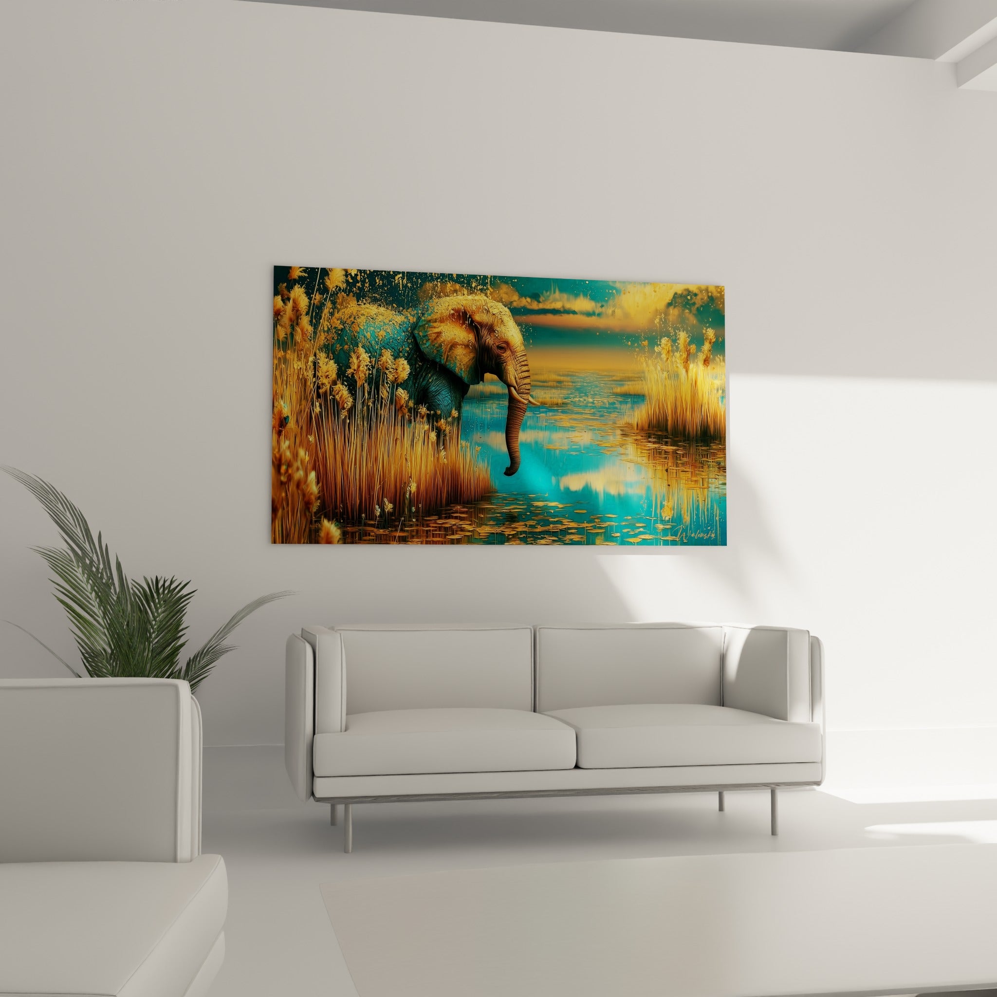 Trompe d'éléphant plongeant dans une eau turquoise, tableau accroché au-dessus d'un canapé dans un salon lumineux