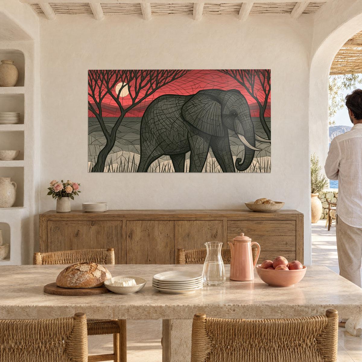 Quadro gigantesco elefante con proboscide arrotolata, pelle grigio ardesia striata e cielo rosso mattone, sopra una credenza in legno in una sala da pranzo