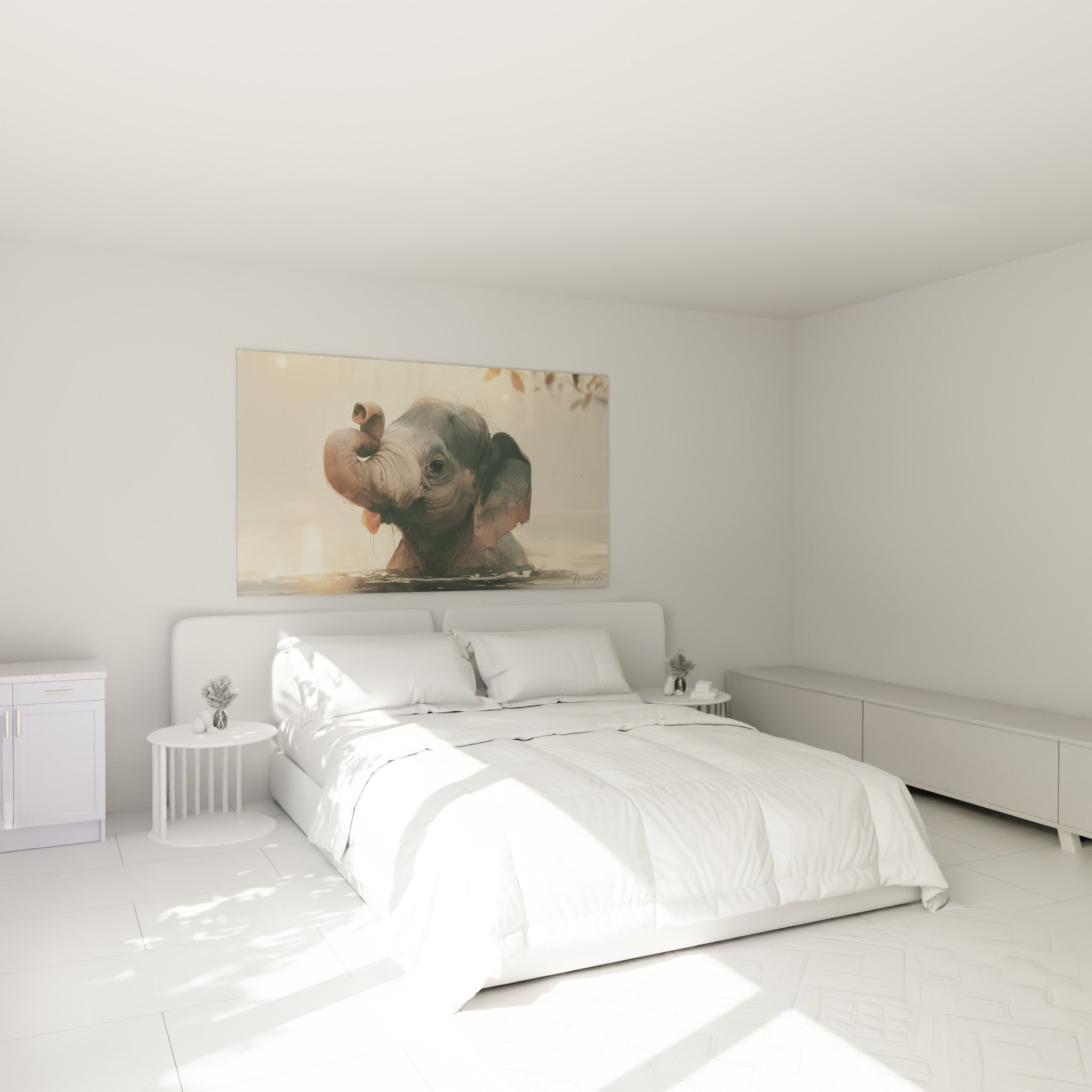 Jeune éléphant beige et gris à la trompe relevée, accroché au-dessus d'un lit dans une chambre claire