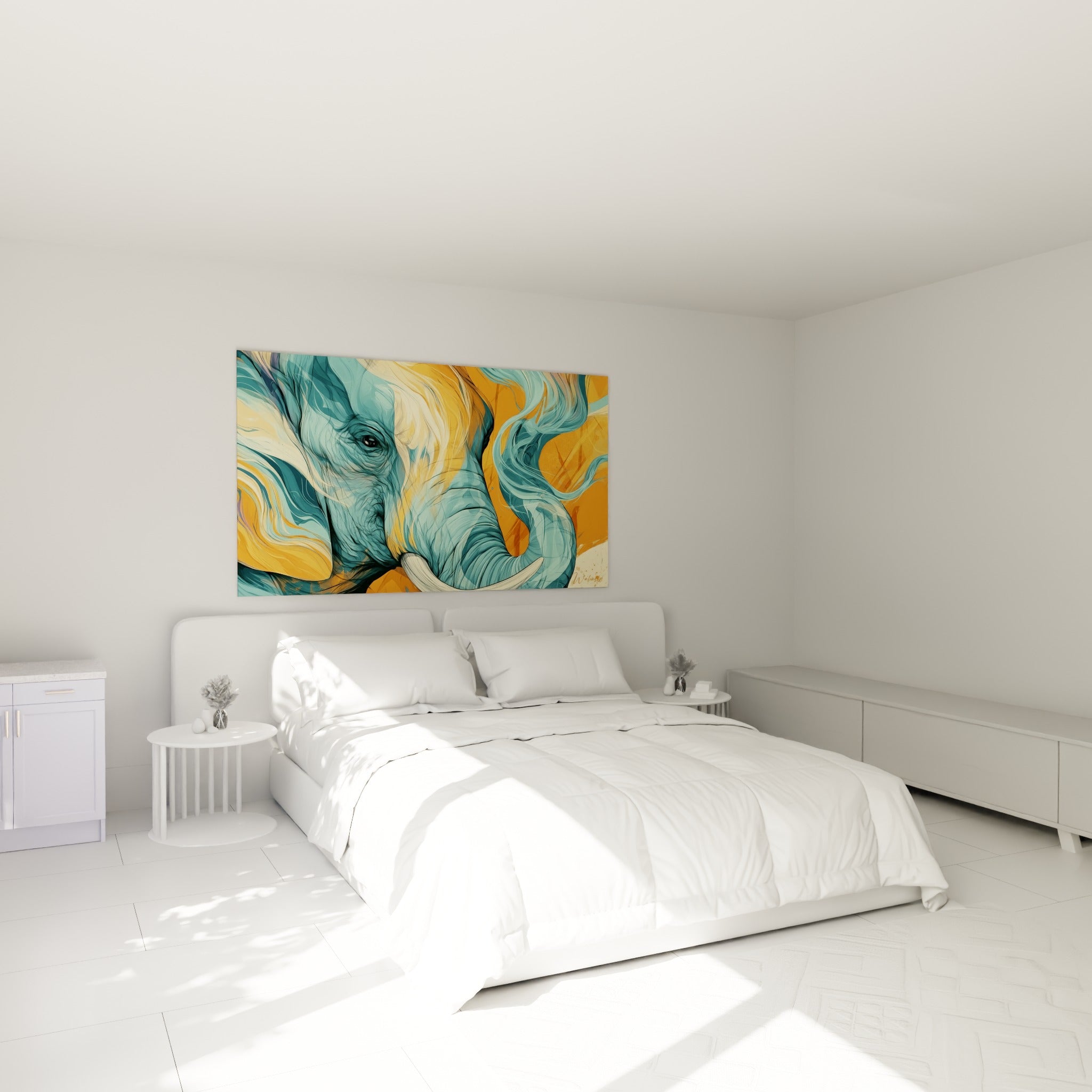 Trompe sinueuse bleu turquoise et fond orange de l'éléphant, au-dessus d'un lit dans une chambre claire