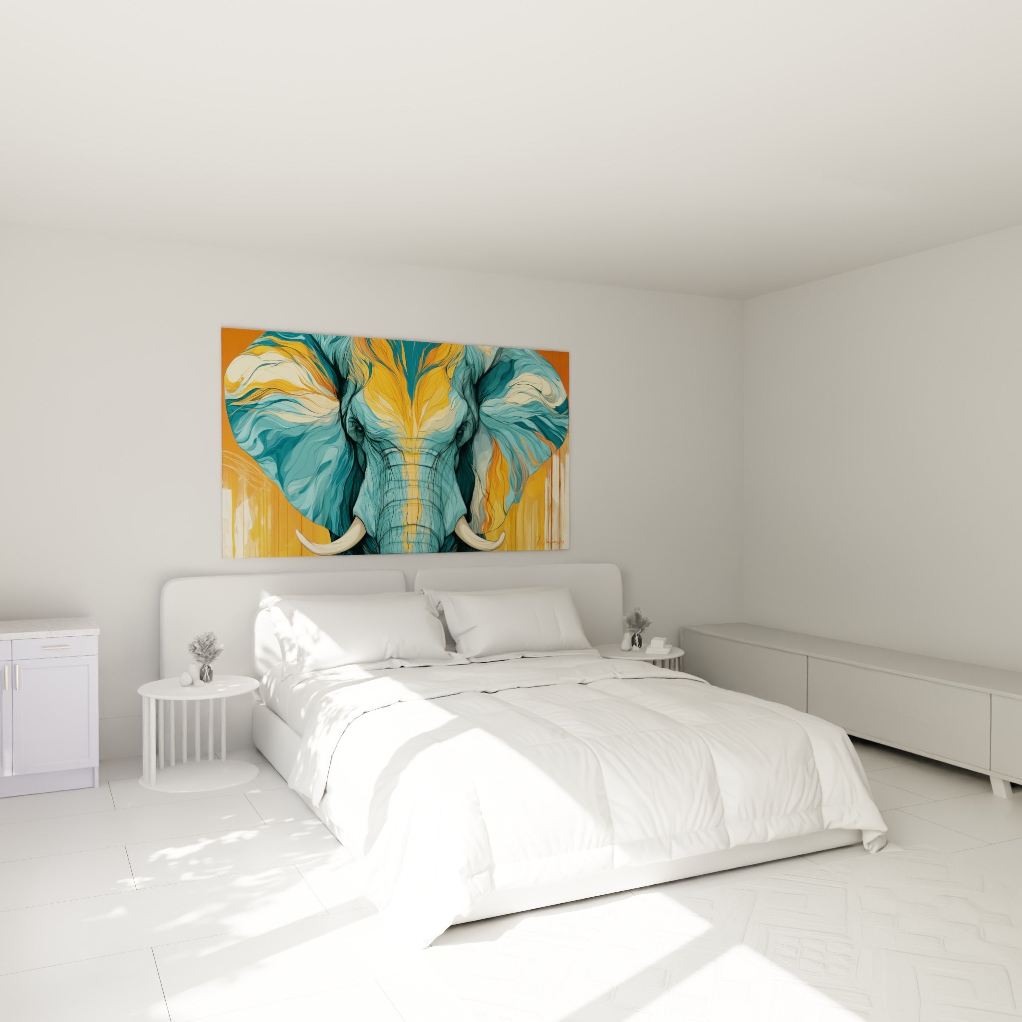 Portrait d'éléphant turquoise et orangé au-dessus d'un lit dans une chambre claire