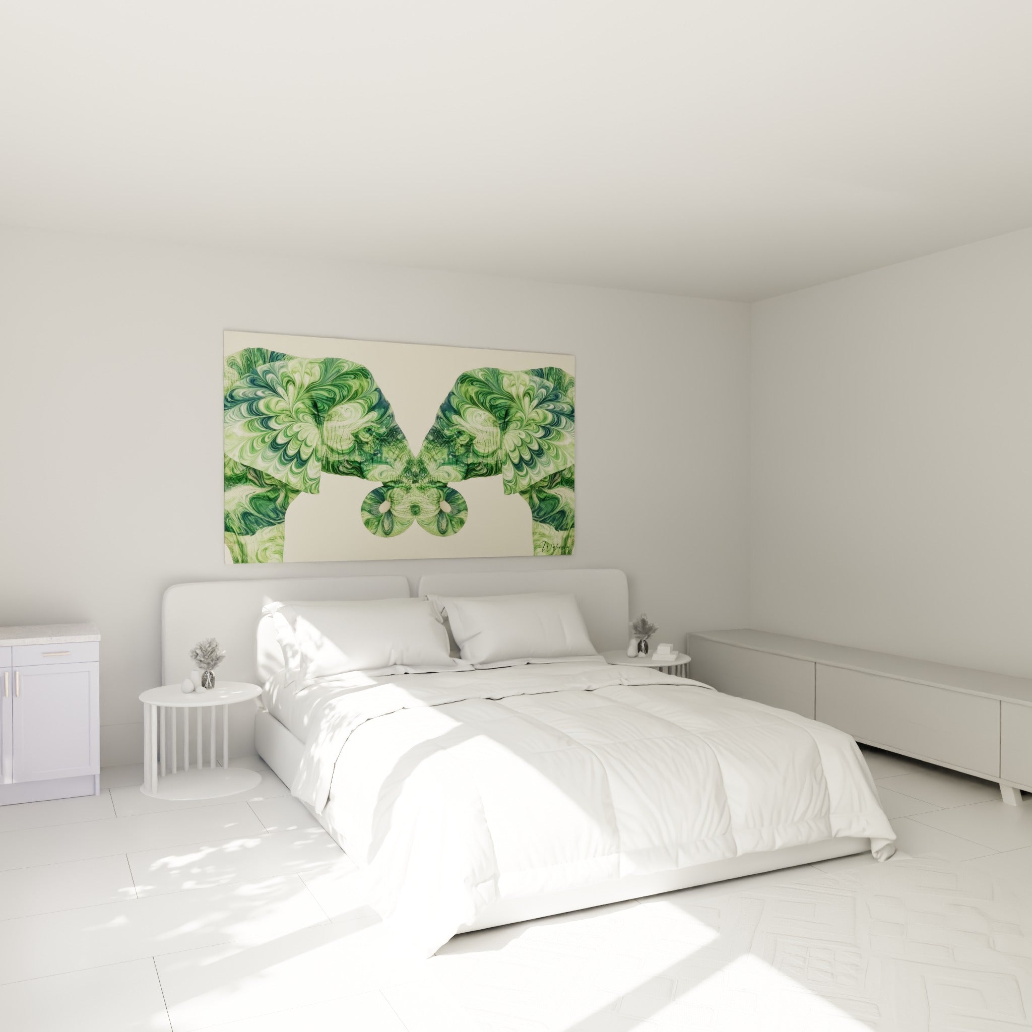 Motifs marbrés vert émeraude et ivoire de l'éléphant Elephant au-dessus d'un lit dans une chambre claire