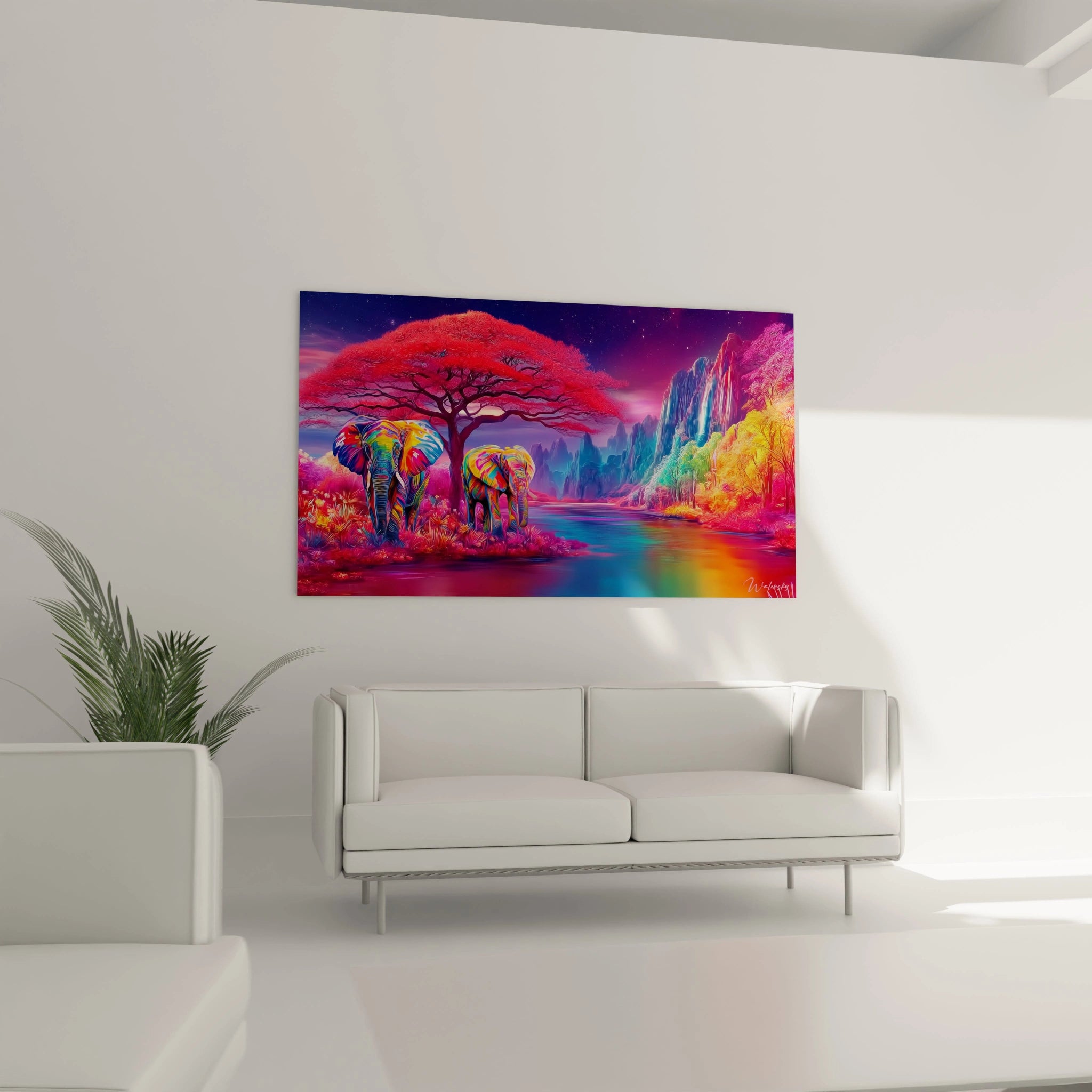 Tableau éléphants colorés savane vibrant avec arbres et paysage enchanteur