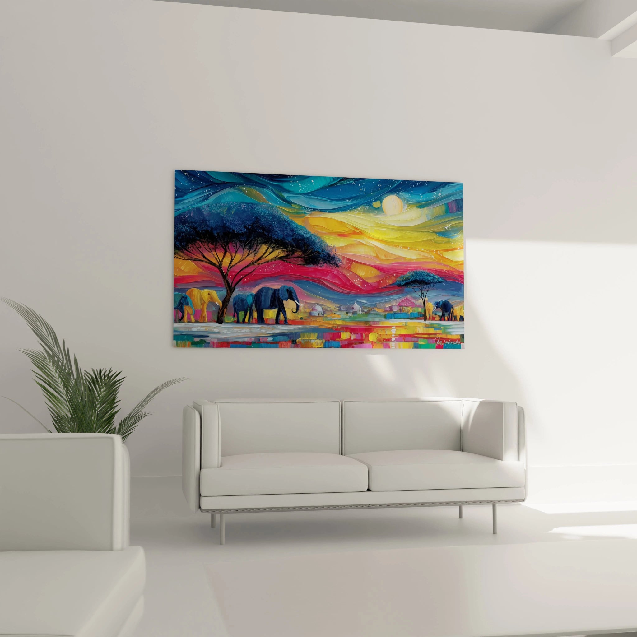 Tableau éléphants paysage africain avec couleurs vives et motifs de nature sauvage.