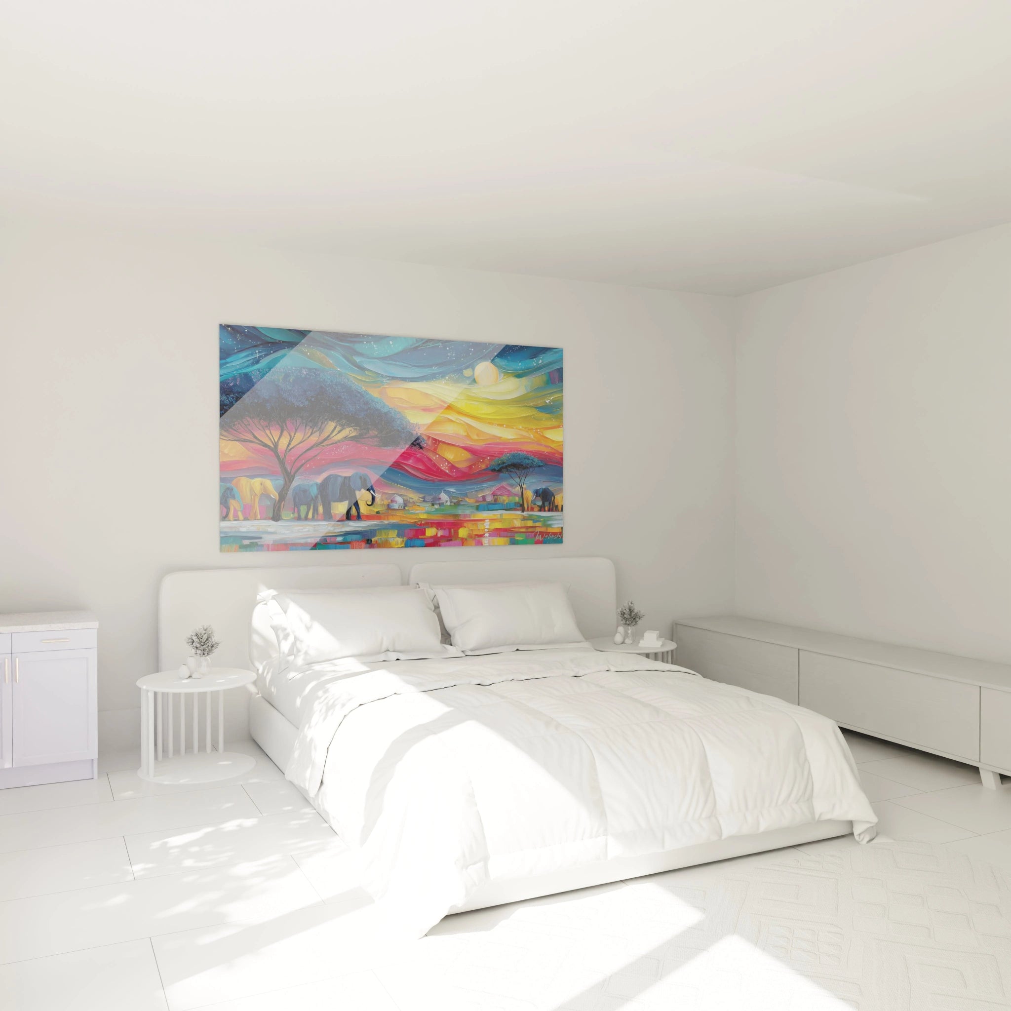 Tableau éléphants paysage africain de Walensky avec des couleurs vives dans une chambre moderne