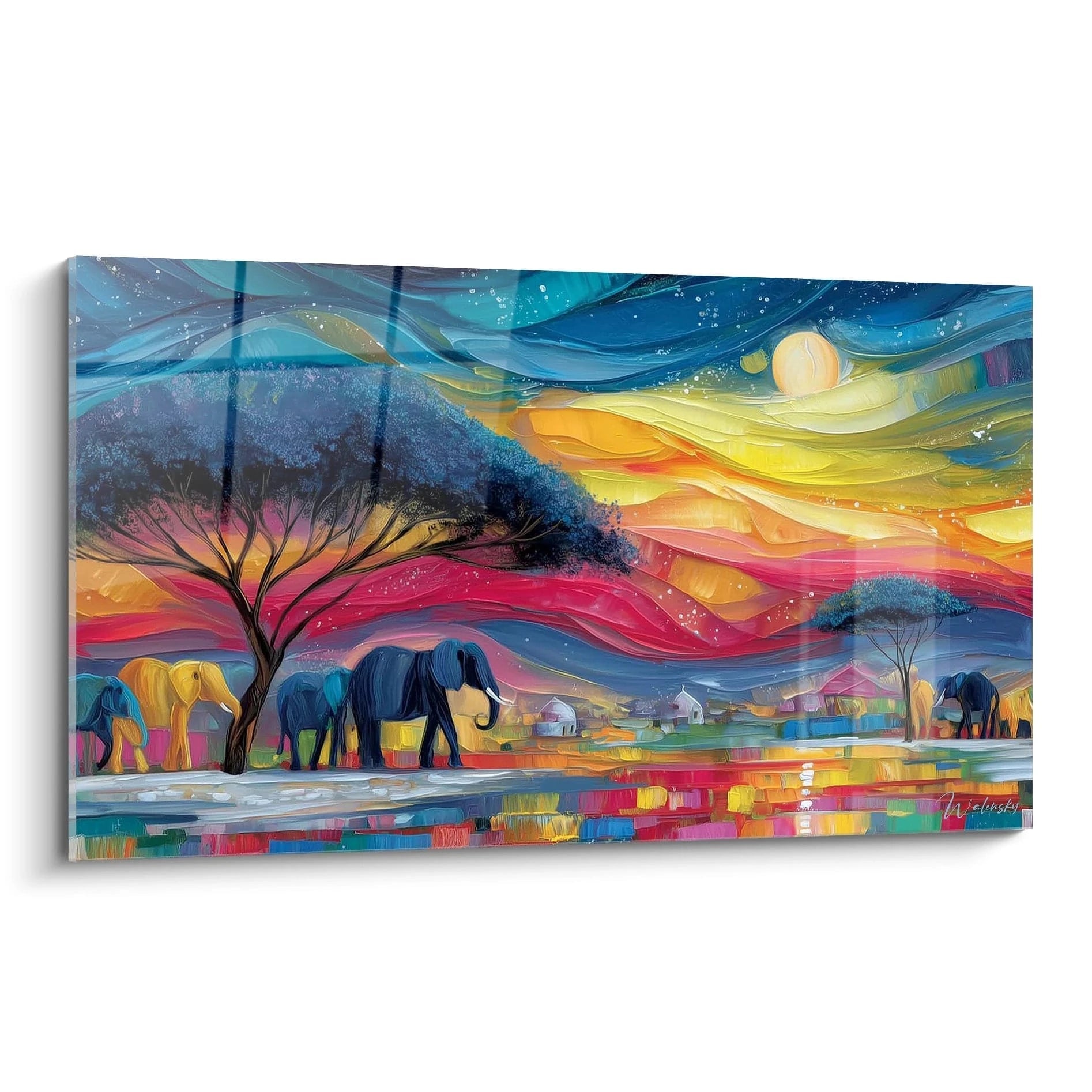 Tableau éléphants paysage africain coloré avec des éléphants sous un ciel étoilé