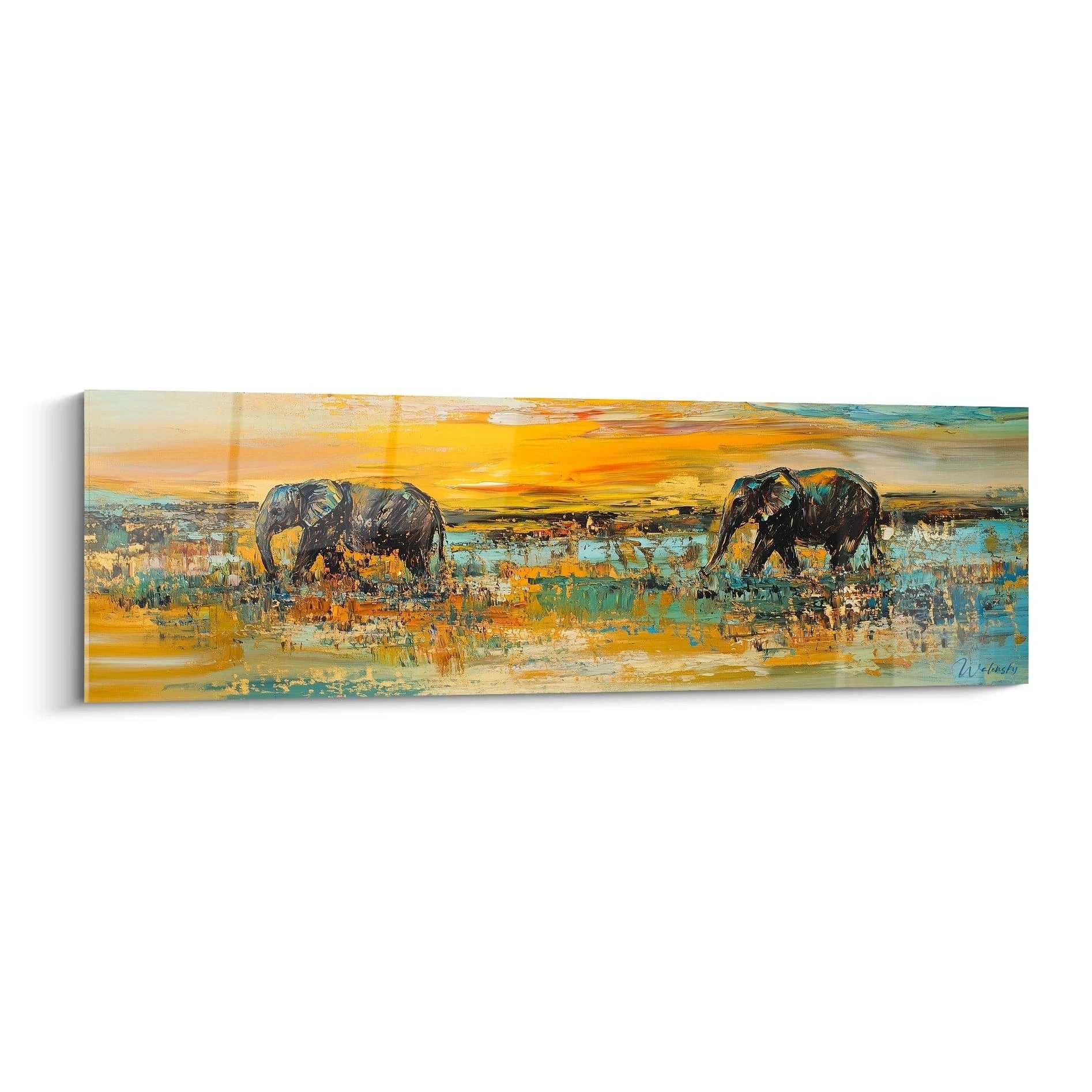 Tableau éléphant de Walensky avec deux éléphants dans un paysage coloré au coucher de soleil