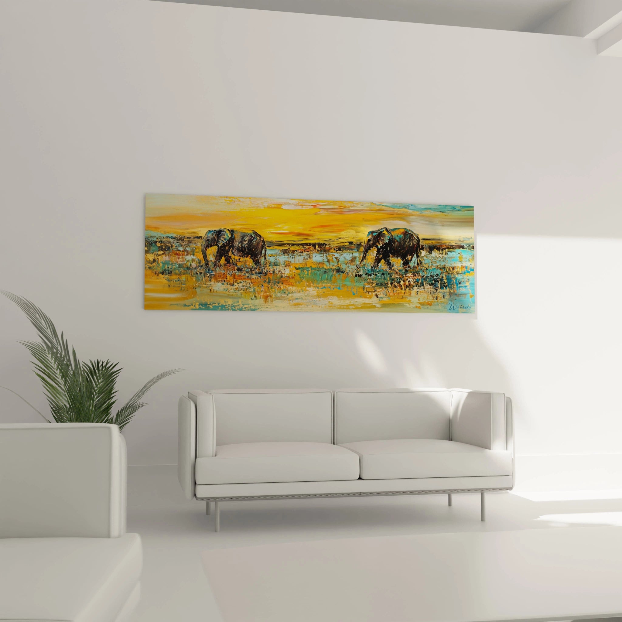 Tableau éléphant Walensky avec des éléphants au coucher de soleil pour une décoration moderne