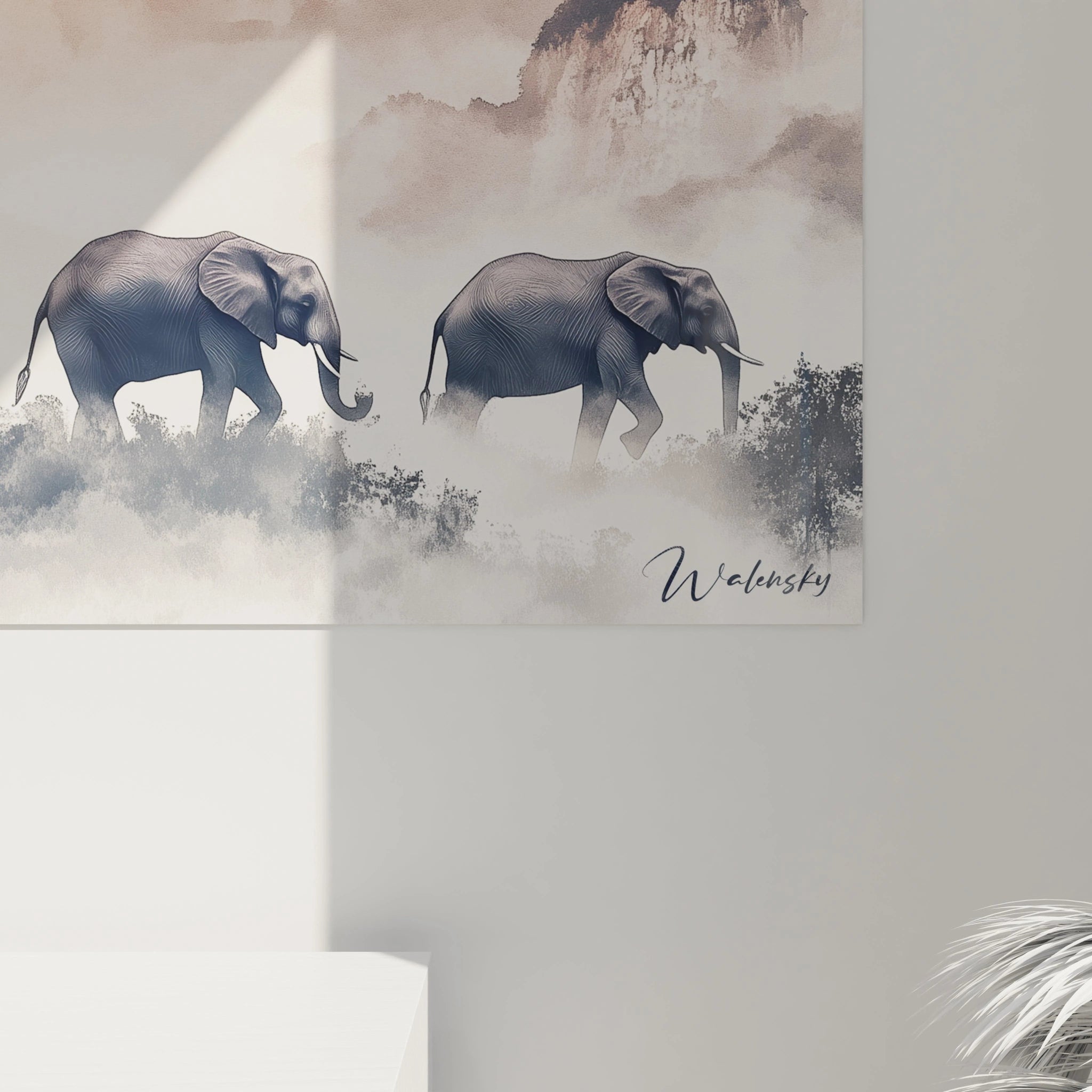 Tableau d'éléphants Walensky dans un paysage brumeux avec une touche artistique