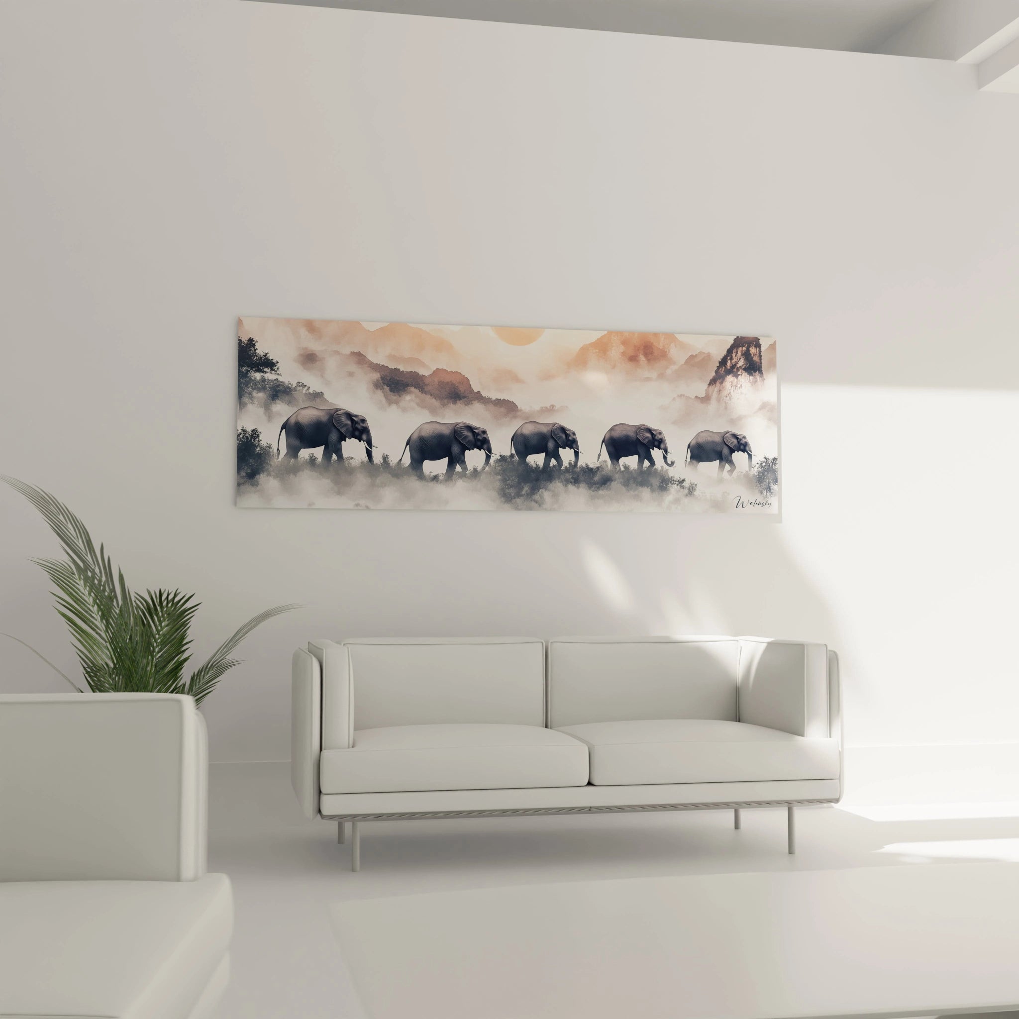 Tableau éléphant Walensky représentant une procession d'éléphants dans un paysage brumeux